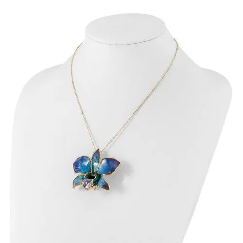 Lacquer Dipped 24k Gold Trimmed Blue/Purple Dendrobium Orchid 20" Necklace