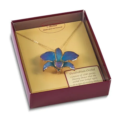 Lacquer Dipped 24k Gold Trimmed Blue/Purple Dendrobium Orchid 20" Necklace