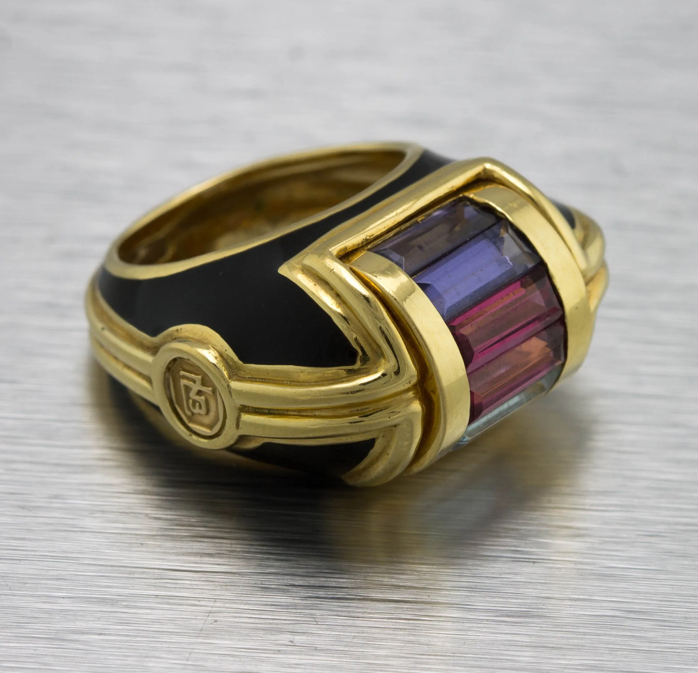 Ladies Unique La Nouvelle Bague 18K Yellow Gold Gemstone Enamel Cocktail Ring