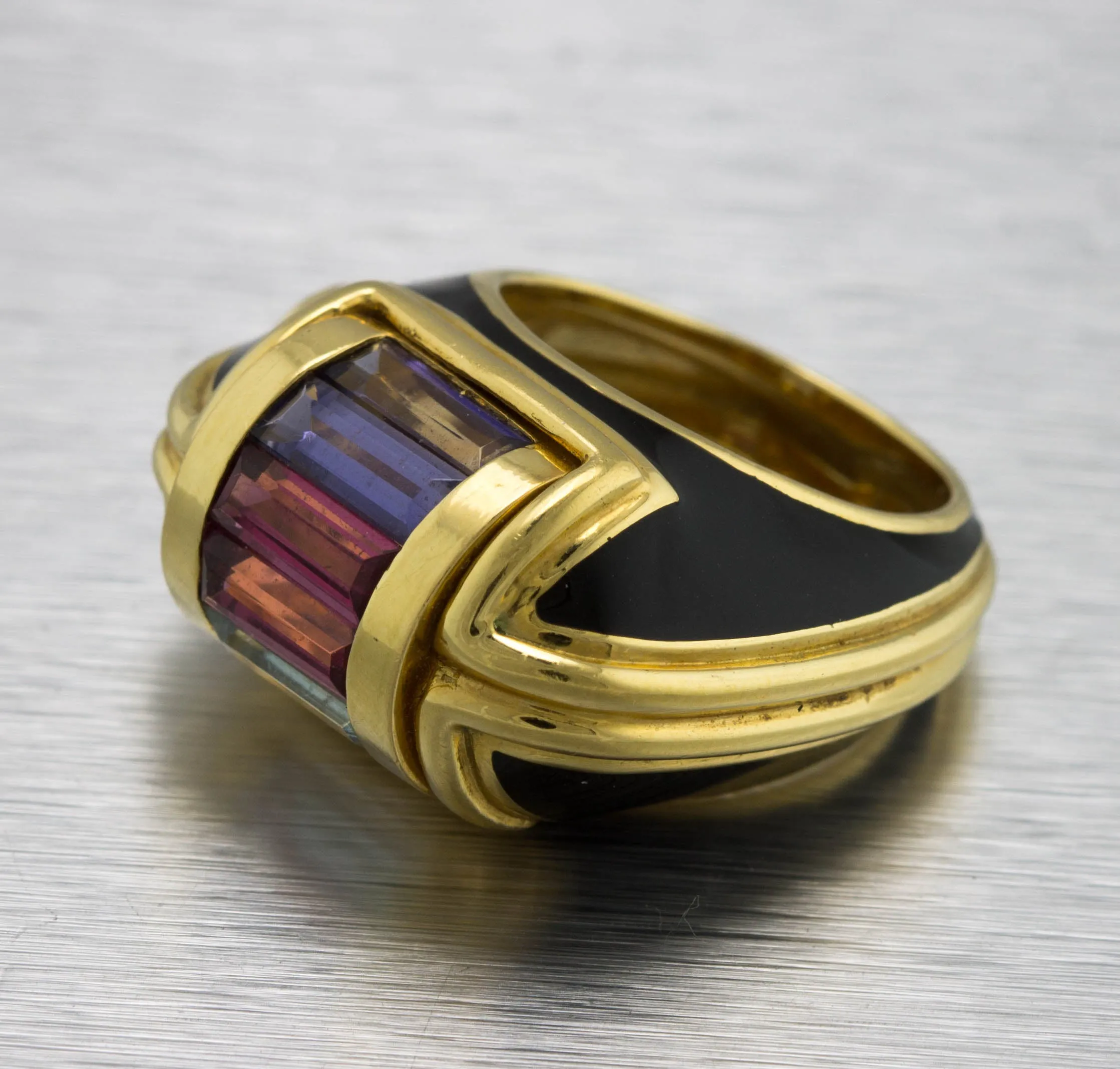 Ladies Unique La Nouvelle Bague 18K Yellow Gold Gemstone Enamel Cocktail Ring