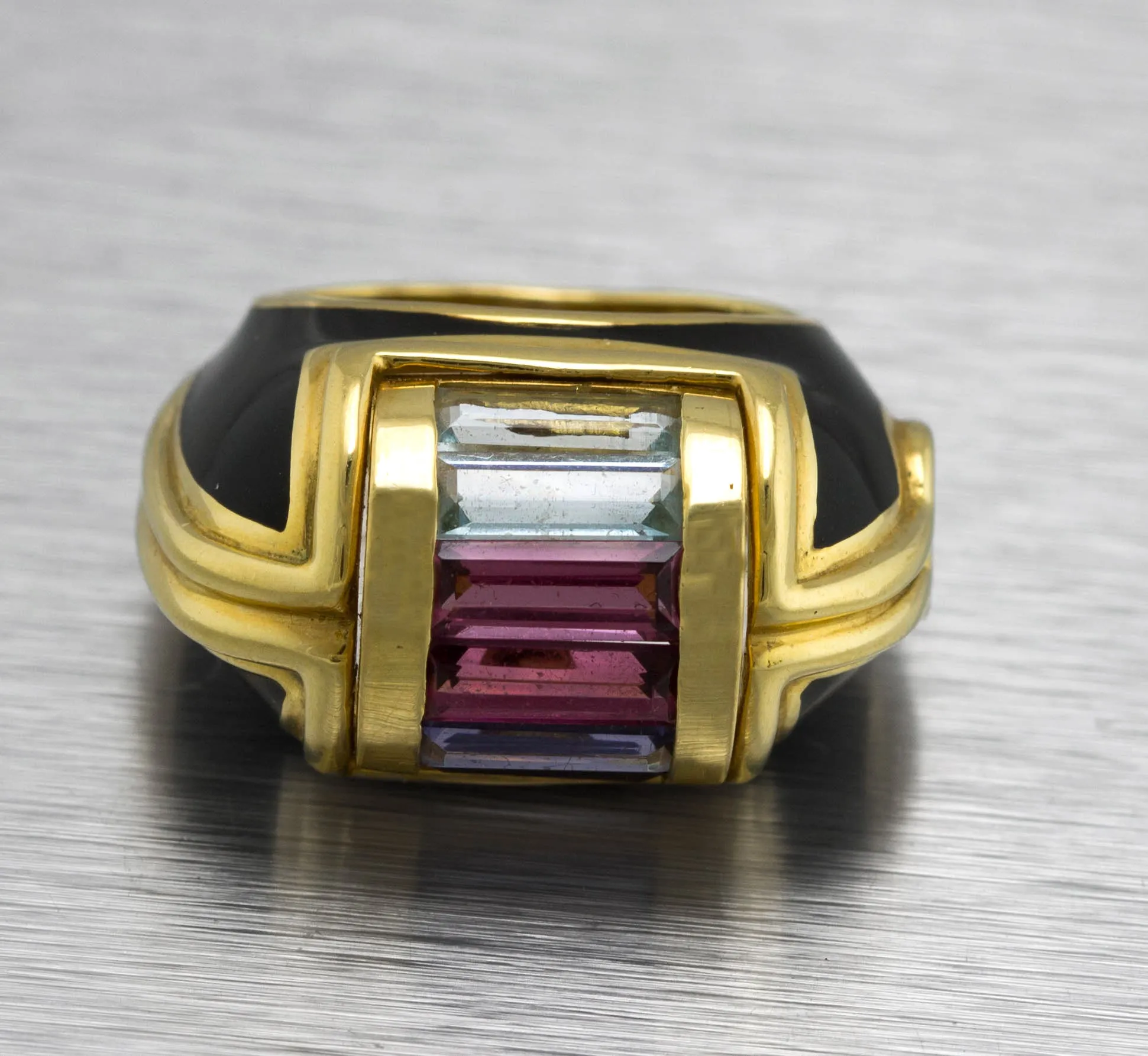 Ladies Unique La Nouvelle Bague 18K Yellow Gold Gemstone Enamel Cocktail Ring