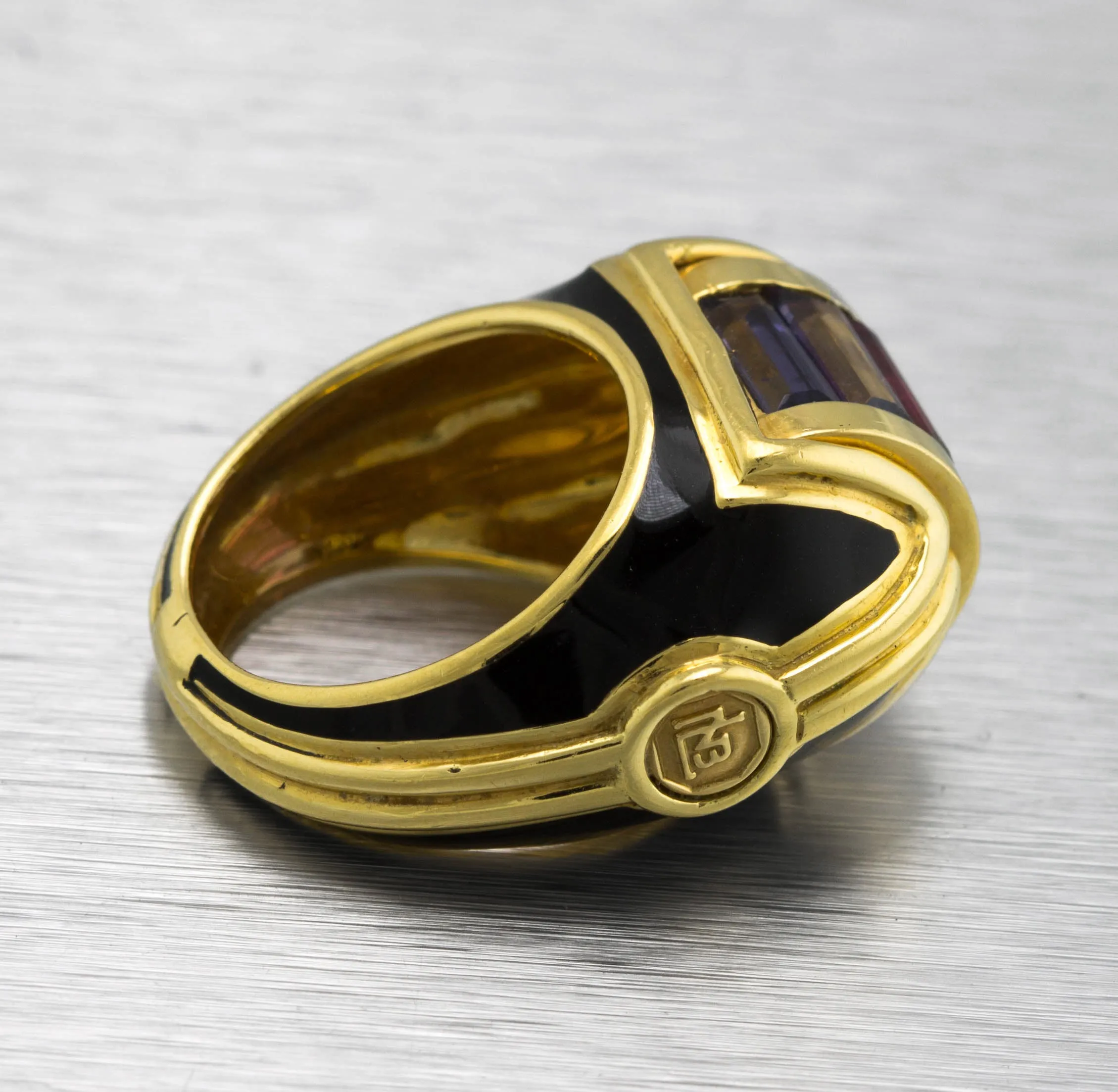 Ladies Unique La Nouvelle Bague 18K Yellow Gold Gemstone Enamel Cocktail Ring
