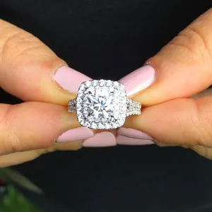 Large 2.30Ctw Women's 14k solid white gold cushion cut moissanite and natural diamond engagement ring Bridal Wedding Halo