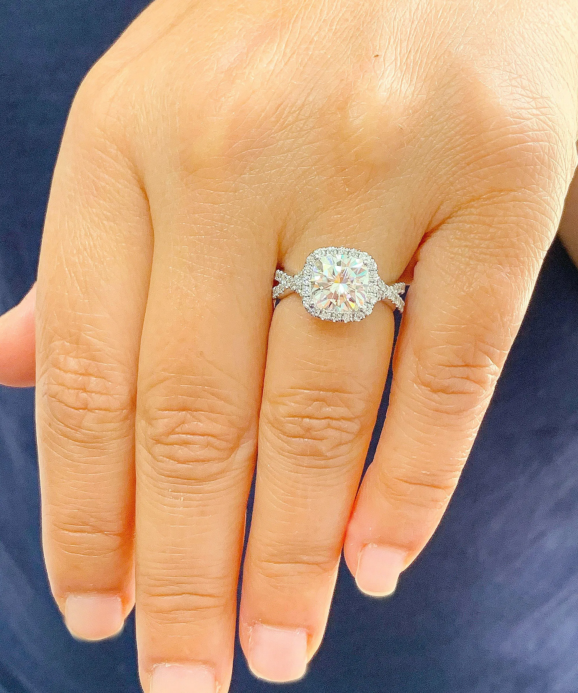 Large 2.65Ctw Women's 14k solid white gold cushion cut moissanite and natural diamond engagement ring Bridal Wedding Halo