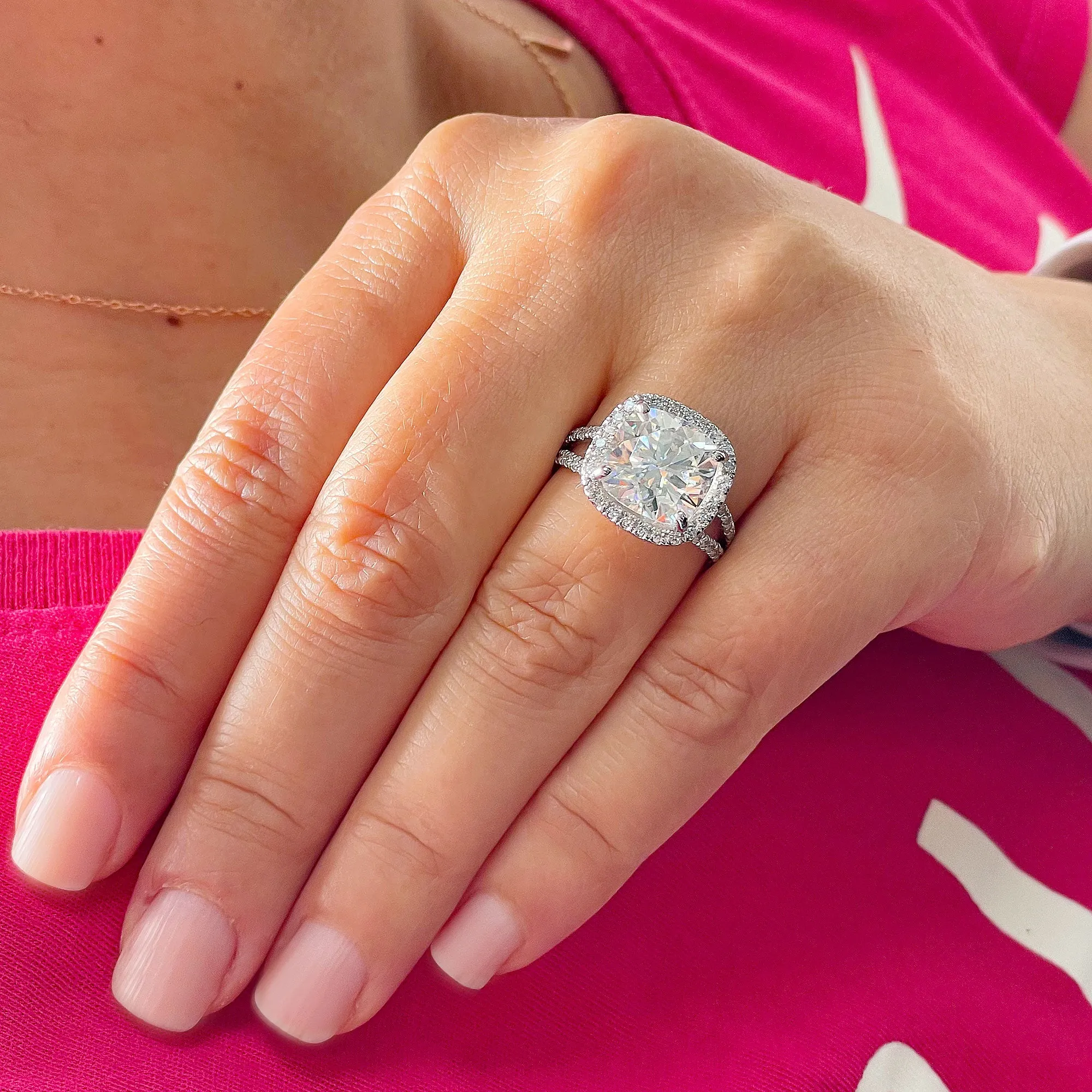 Large 5.70Ctw Women's 14k Solid White Gold Cushion Cut Forever One Moissanite And Natural Diamond Engagement Ring Bridal Wedding Halo