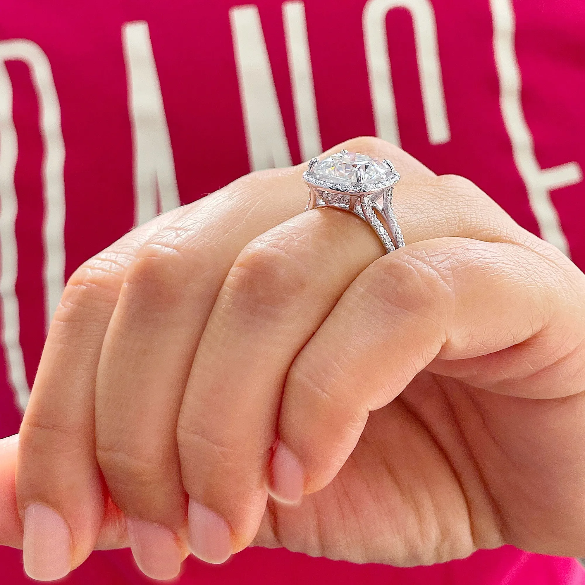 Large 5.70Ctw Women's 14k Solid White Gold Cushion Cut Forever One Moissanite And Natural Diamond Engagement Ring Bridal Wedding Halo