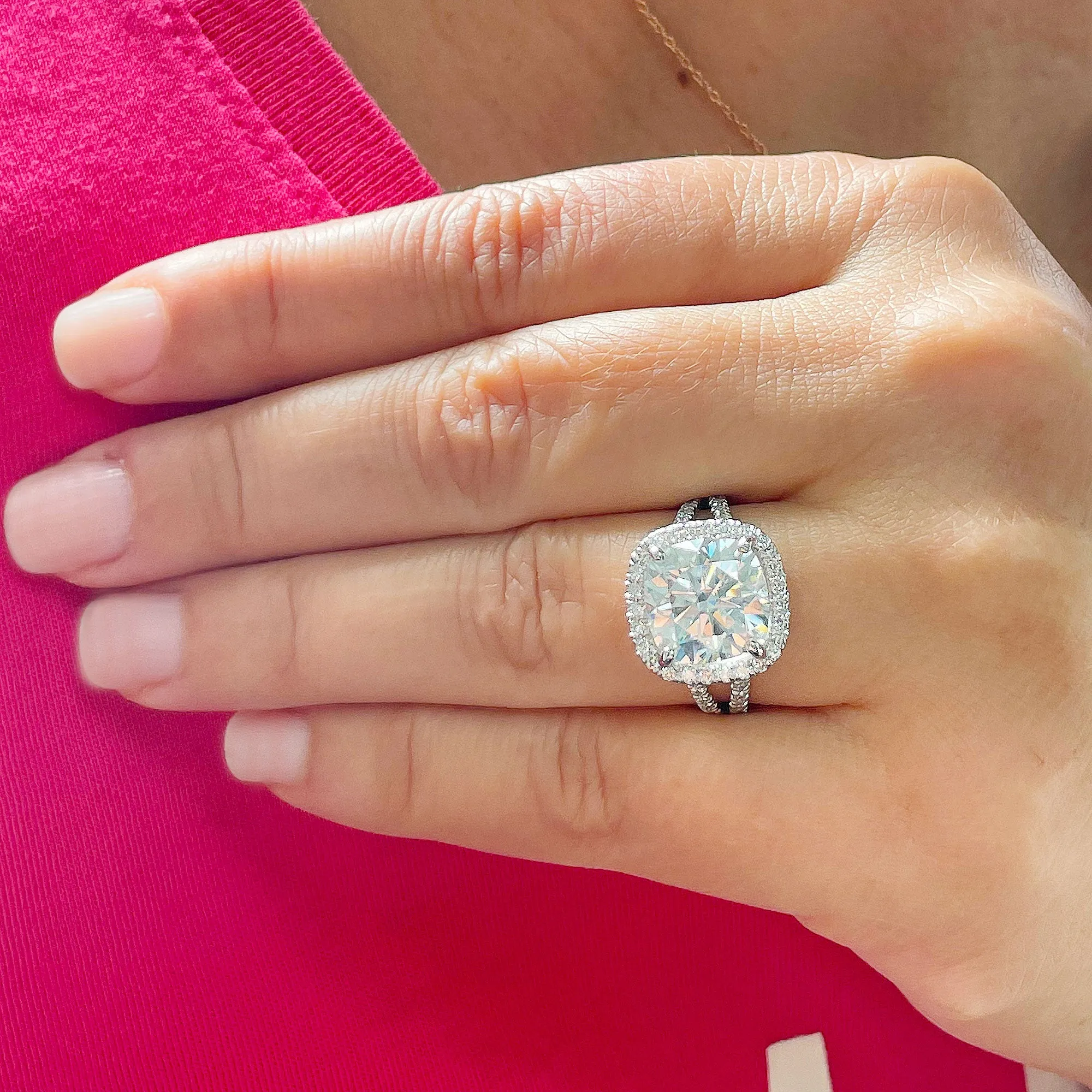 Large 5.70Ctw Women's 14k Solid White Gold Cushion Cut Forever One Moissanite And Natural Diamond Engagement Ring Bridal Wedding Halo