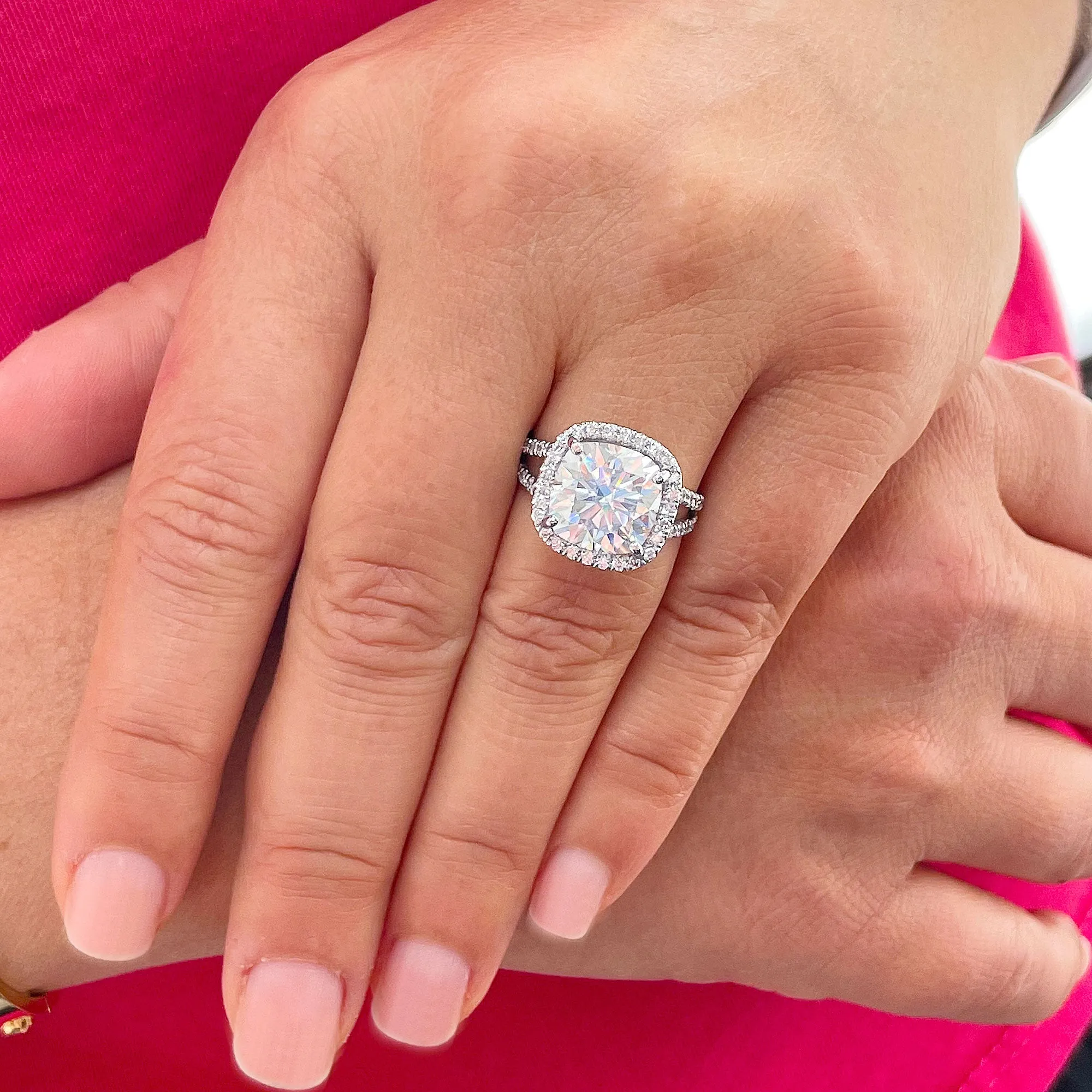 Large 5.70Ctw Women's 14k Solid White Gold Cushion Cut Forever One Moissanite And Natural Diamond Engagement Ring Bridal Wedding Halo