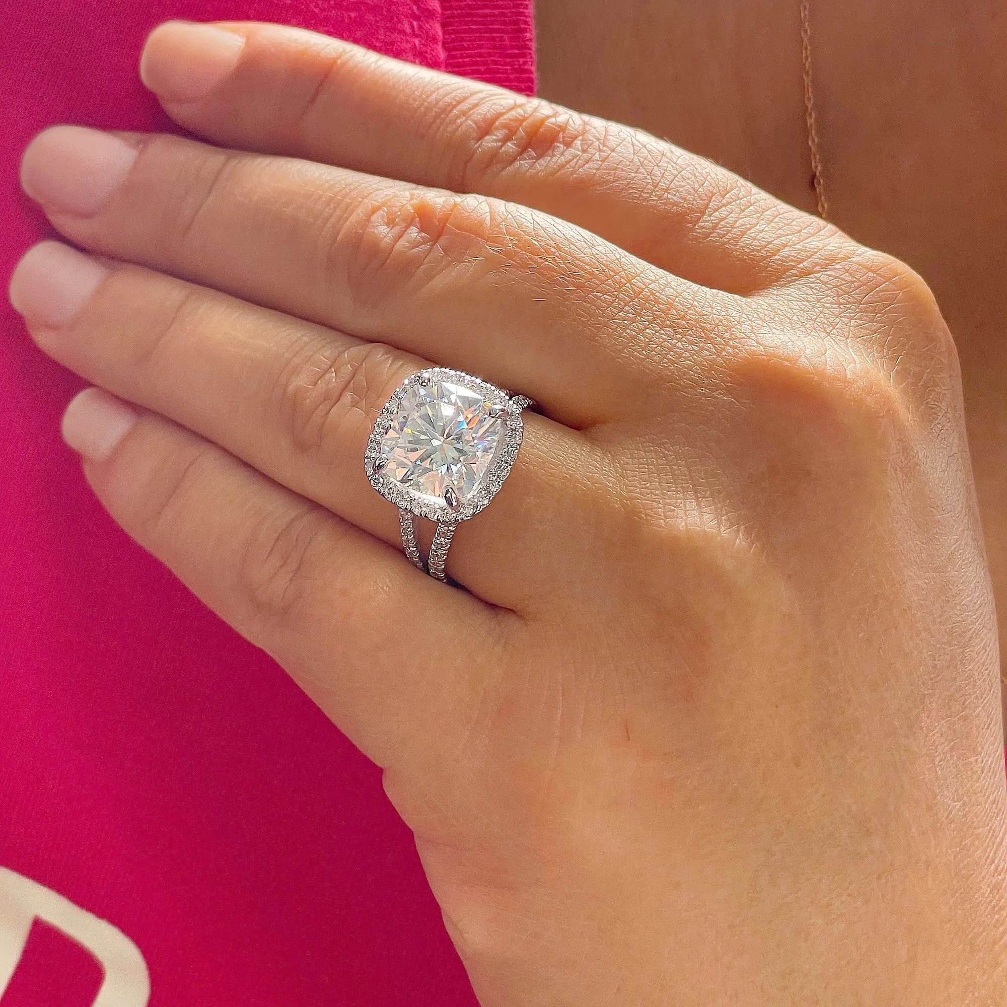 Large 5.70Ctw Women's 14k Solid White Gold Cushion Cut Moissanite And Natural Diamond Engagement Ring Bridal Wedding Halo