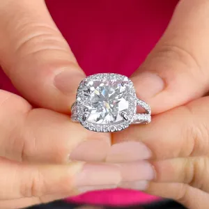 Large 5.70Ctw Women's 14k Solid White Gold Cushion Cut Moissanite And Natural Diamond Engagement Ring Bridal Wedding Halo