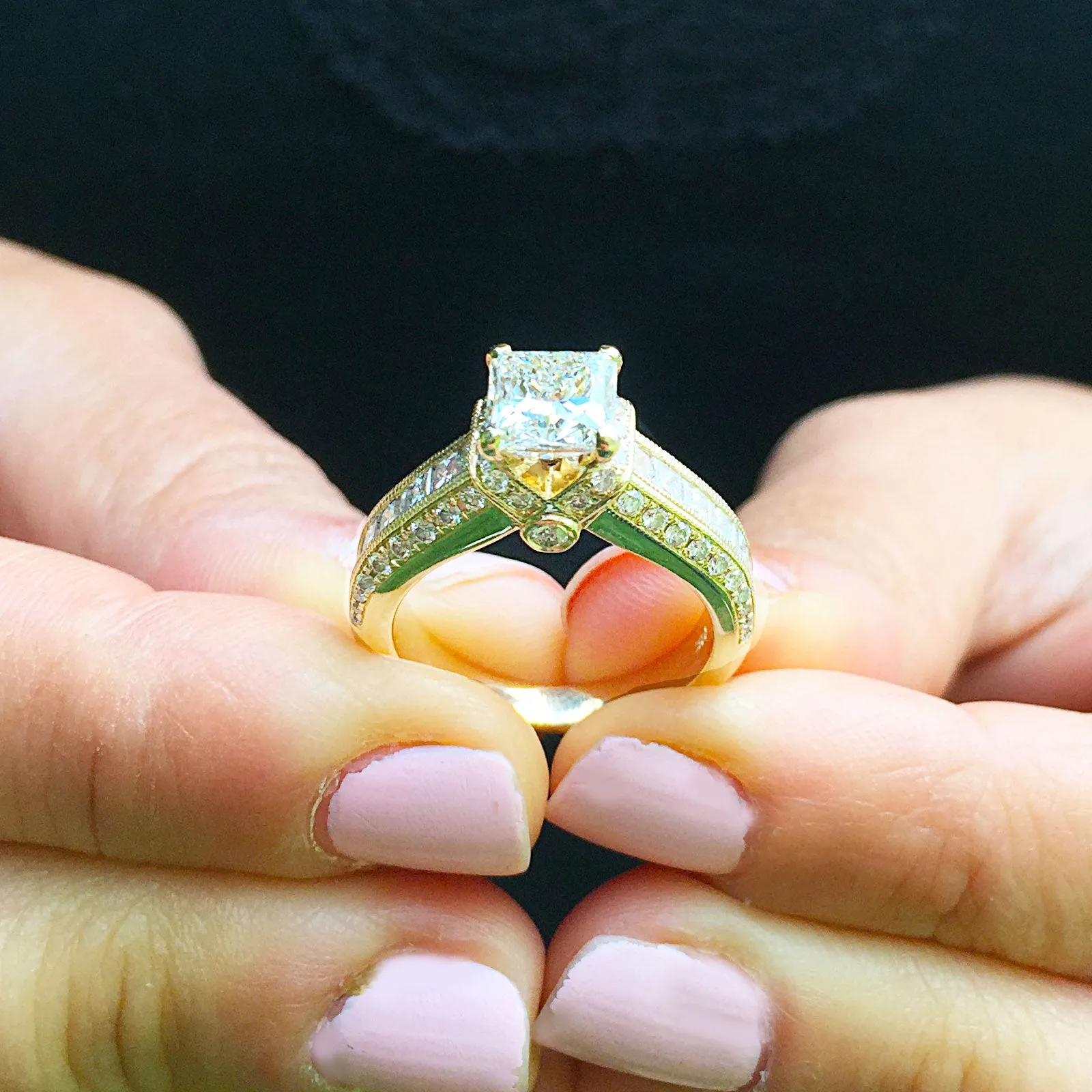 Large Heavy Women's 14k solid yellow gold princess cut forever one moissanite and natural diamond engagement ring Bridal Wedding 2.70ct