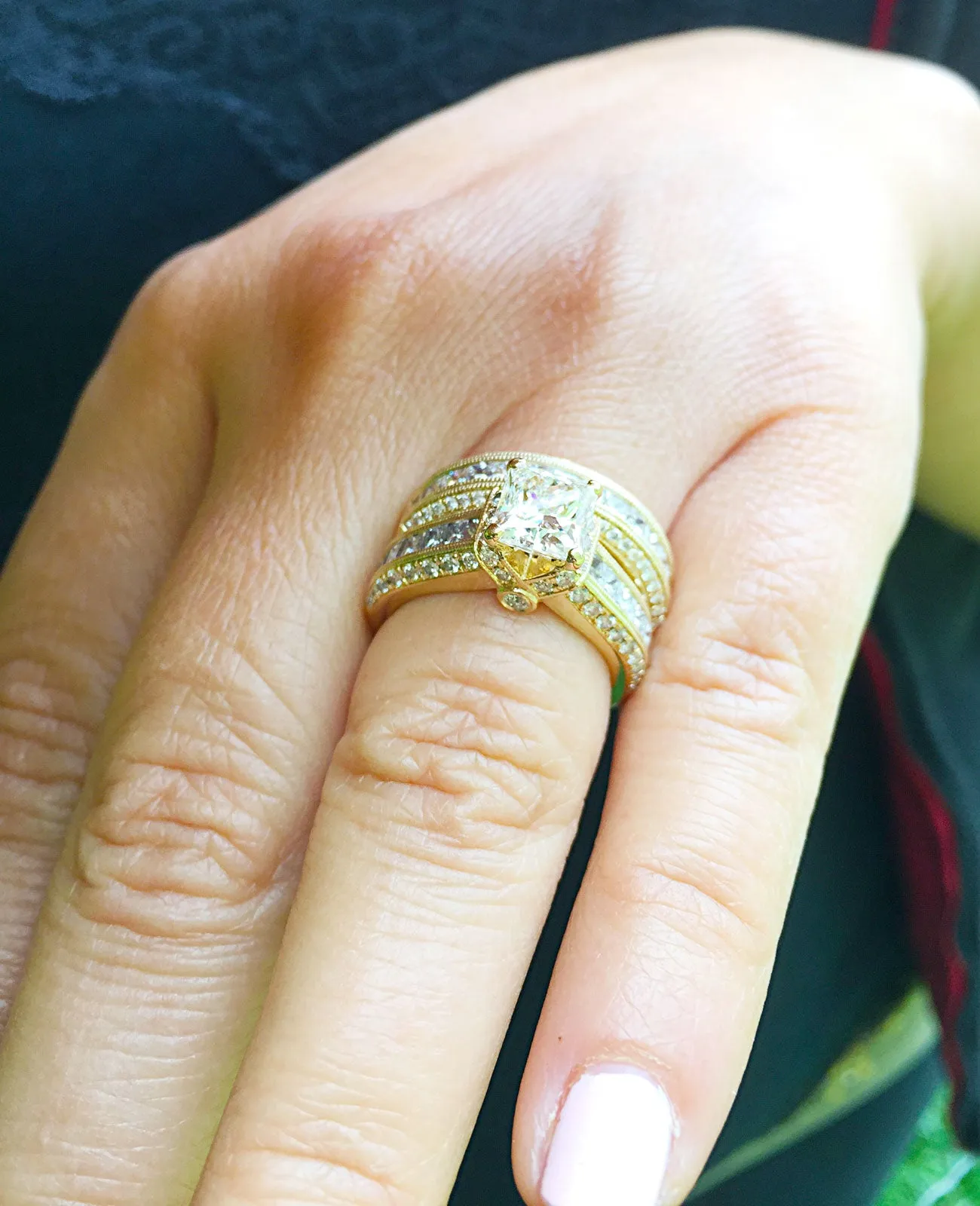 Large Heavy Women's 14k solid yellow gold princess cut natural diamond engagement ring and band Bridal Wedding 3.00ct