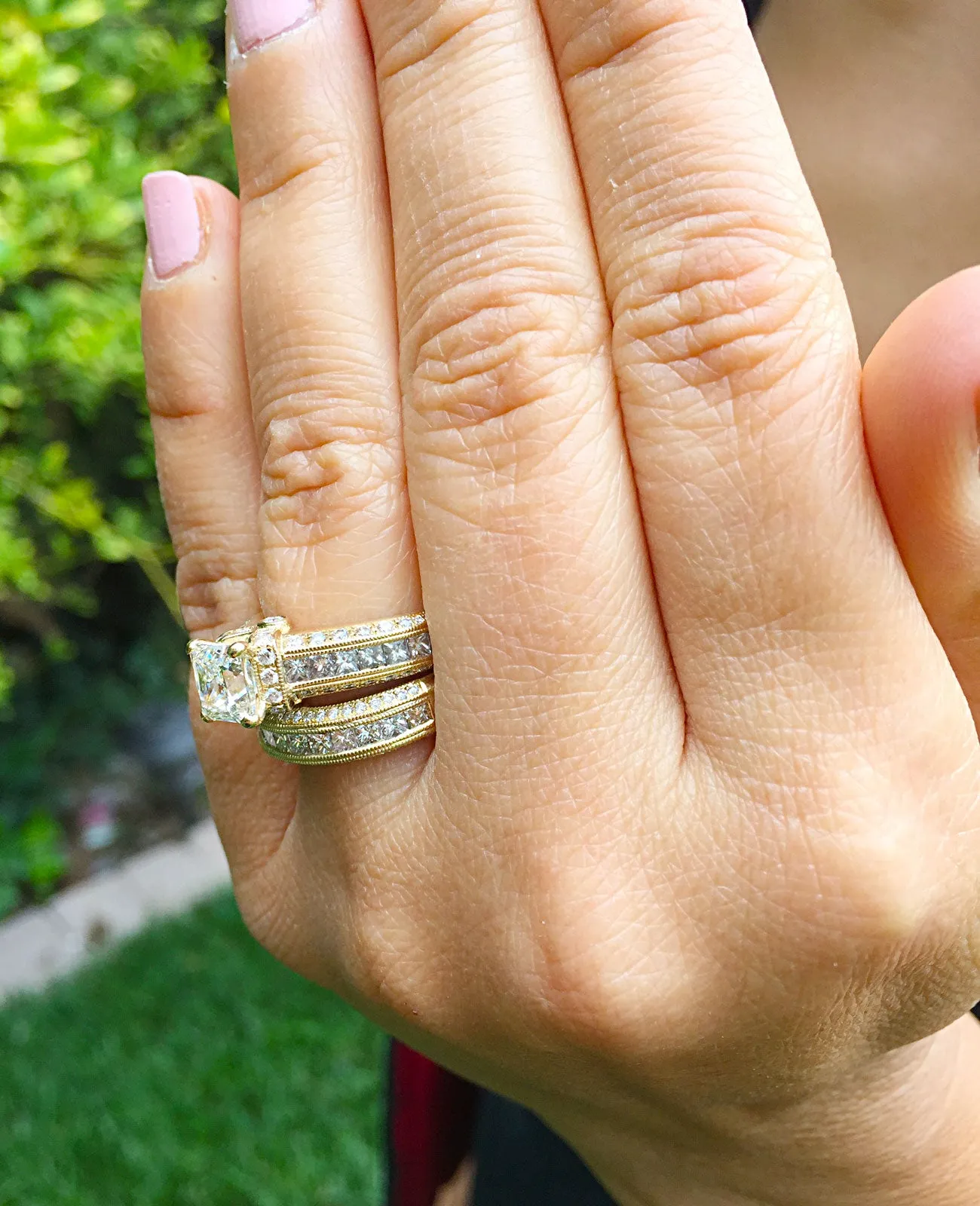 Large Heavy Women's 14k solid yellow gold princess cut natural diamond engagement ring and band Bridal Wedding 3.00ct