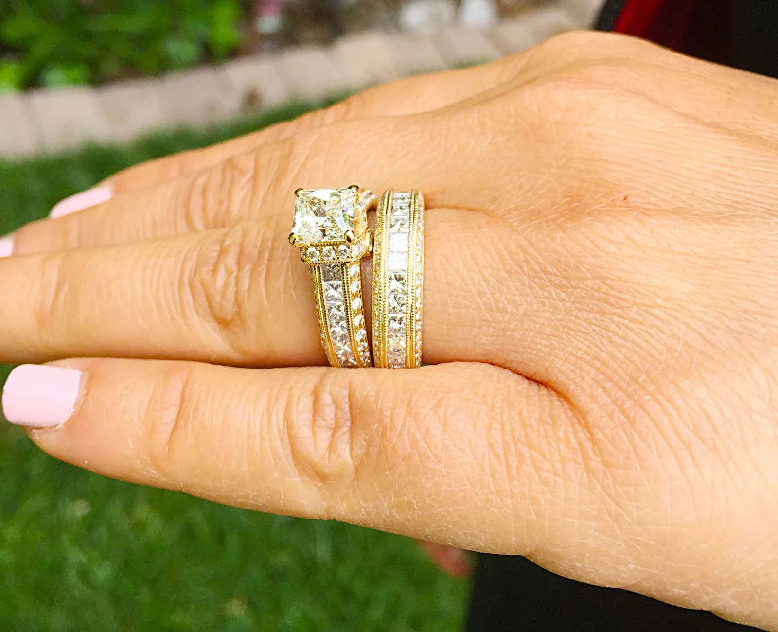 Large Heavy Women's 14k solid yellow gold princess cut natural diamond engagement ring and band Bridal Wedding 3.00ct