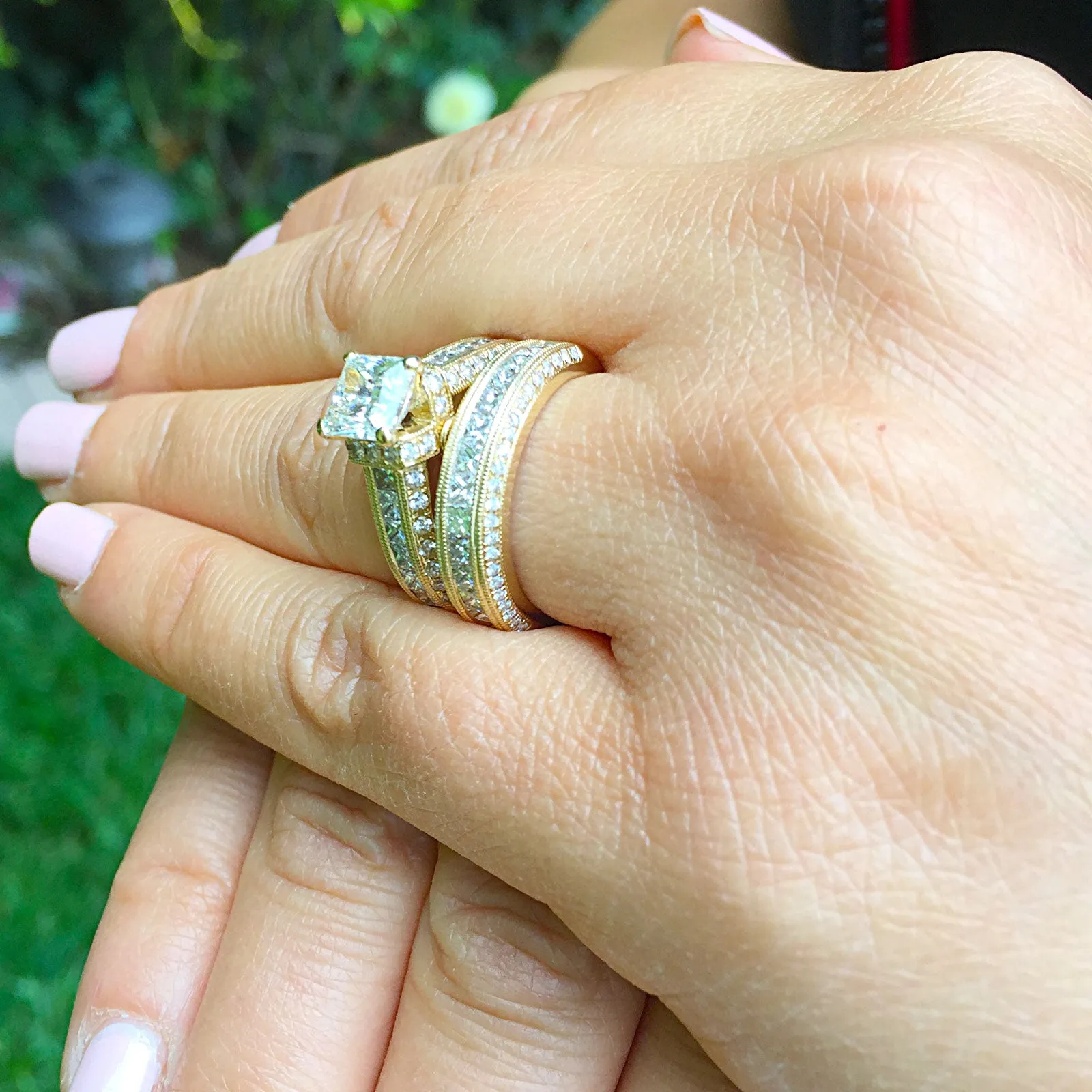 Large Heavy Women's 14k solid yellow gold princess cut natural diamond engagement ring and band Bridal Wedding 3.00ct
