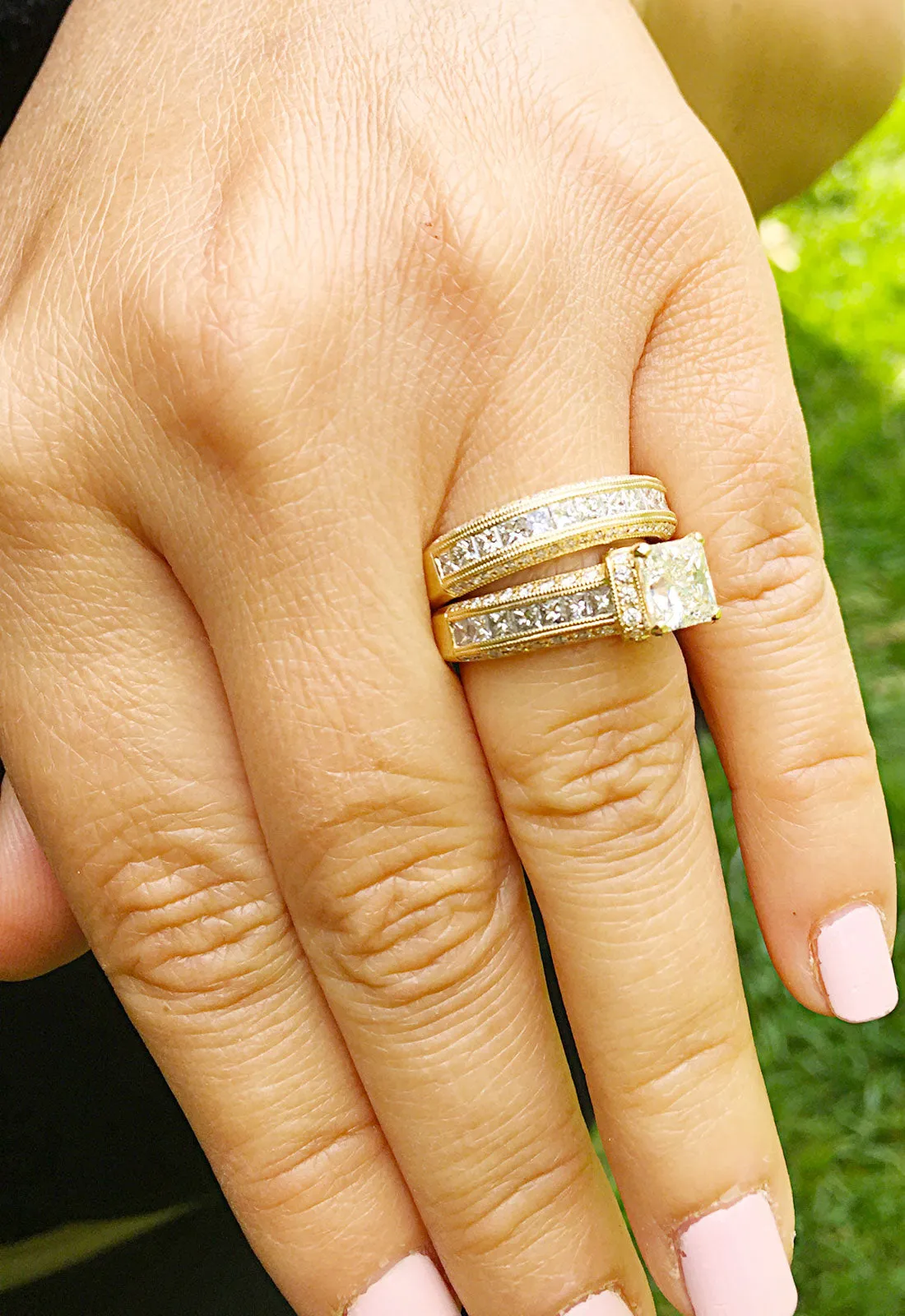 Large Heavy Women's 14k solid yellow gold princess cut natural diamond engagement ring and band Bridal Wedding 3.00ct