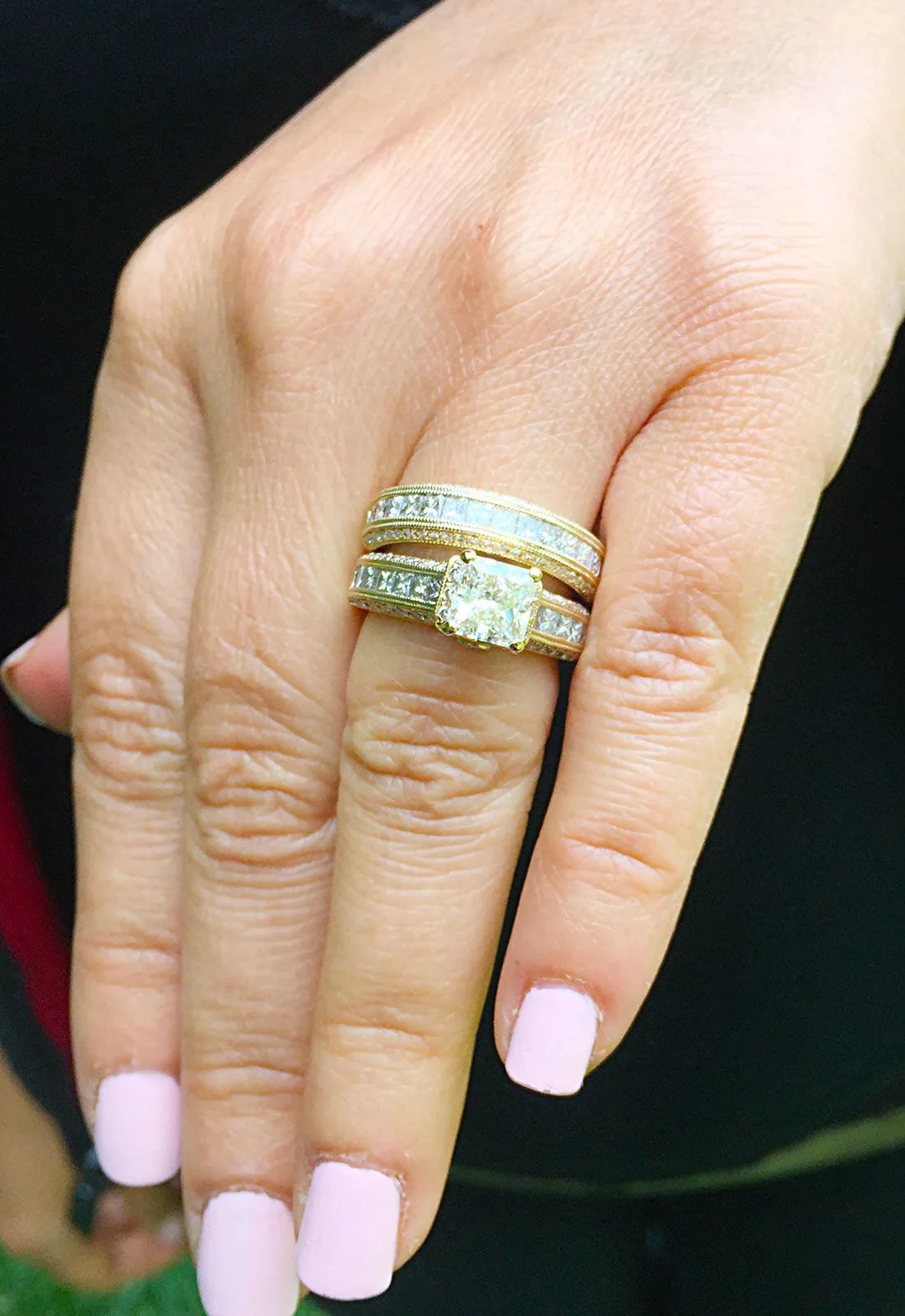 Large Heavy Women's 14k solid yellow gold princess cut natural diamond engagement ring and band Bridal Wedding 3.00ct