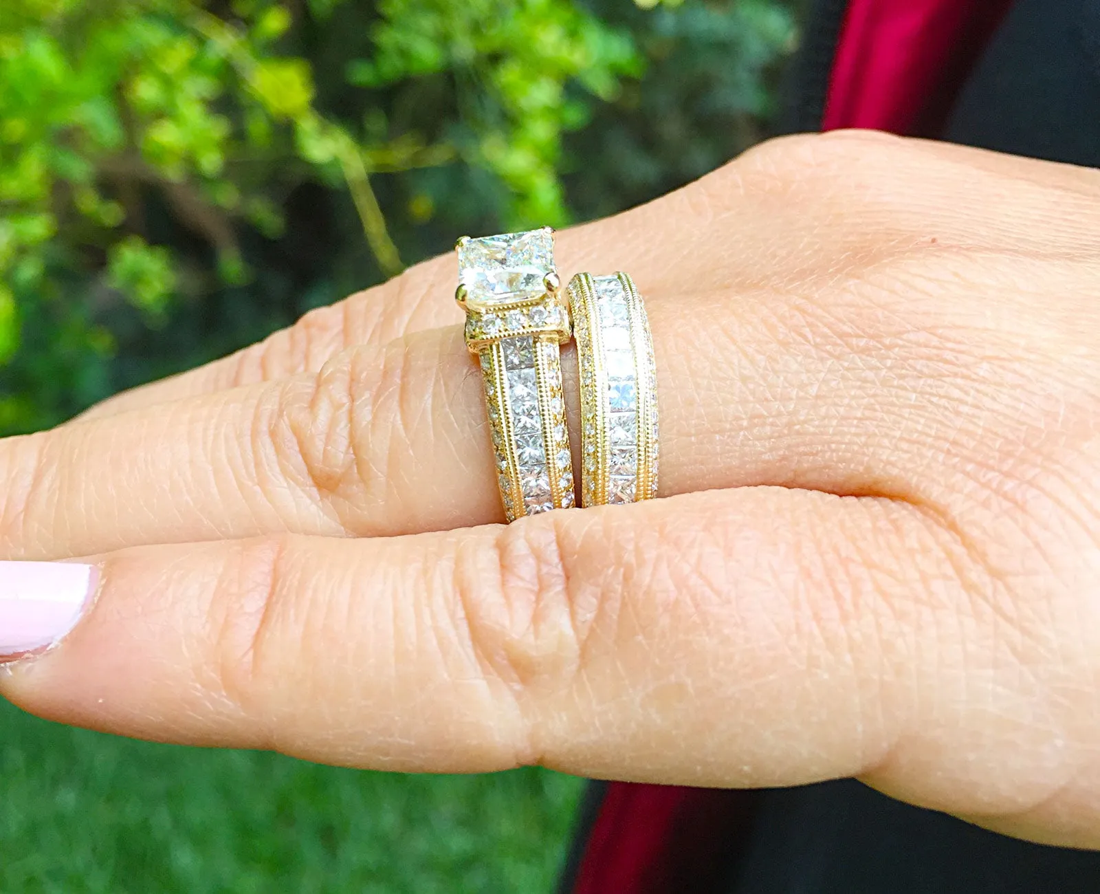 Large Heavy Women's 14k solid yellow gold princess cut natural diamond engagement ring and band Bridal Wedding 3.00ct
