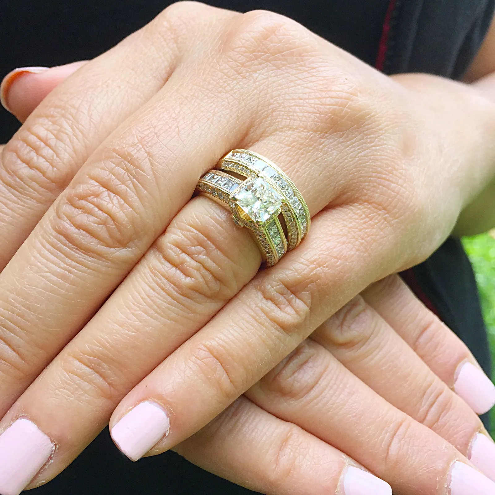 Large Heavy Women's 14k solid yellow gold princess cut natural diamond engagement ring and band Bridal Wedding 3.00ct