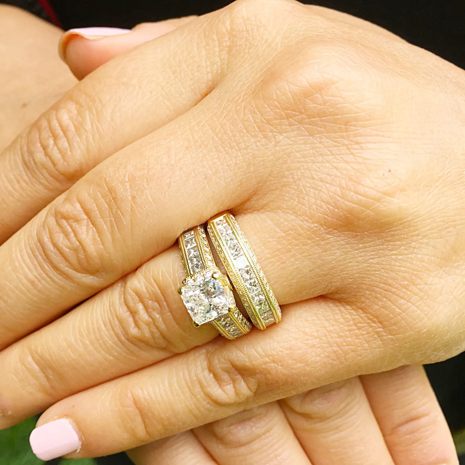 Large Heavy Women's 14k solid yellow gold princess cut natural diamond engagement ring and band Bridal Wedding 3.00ct