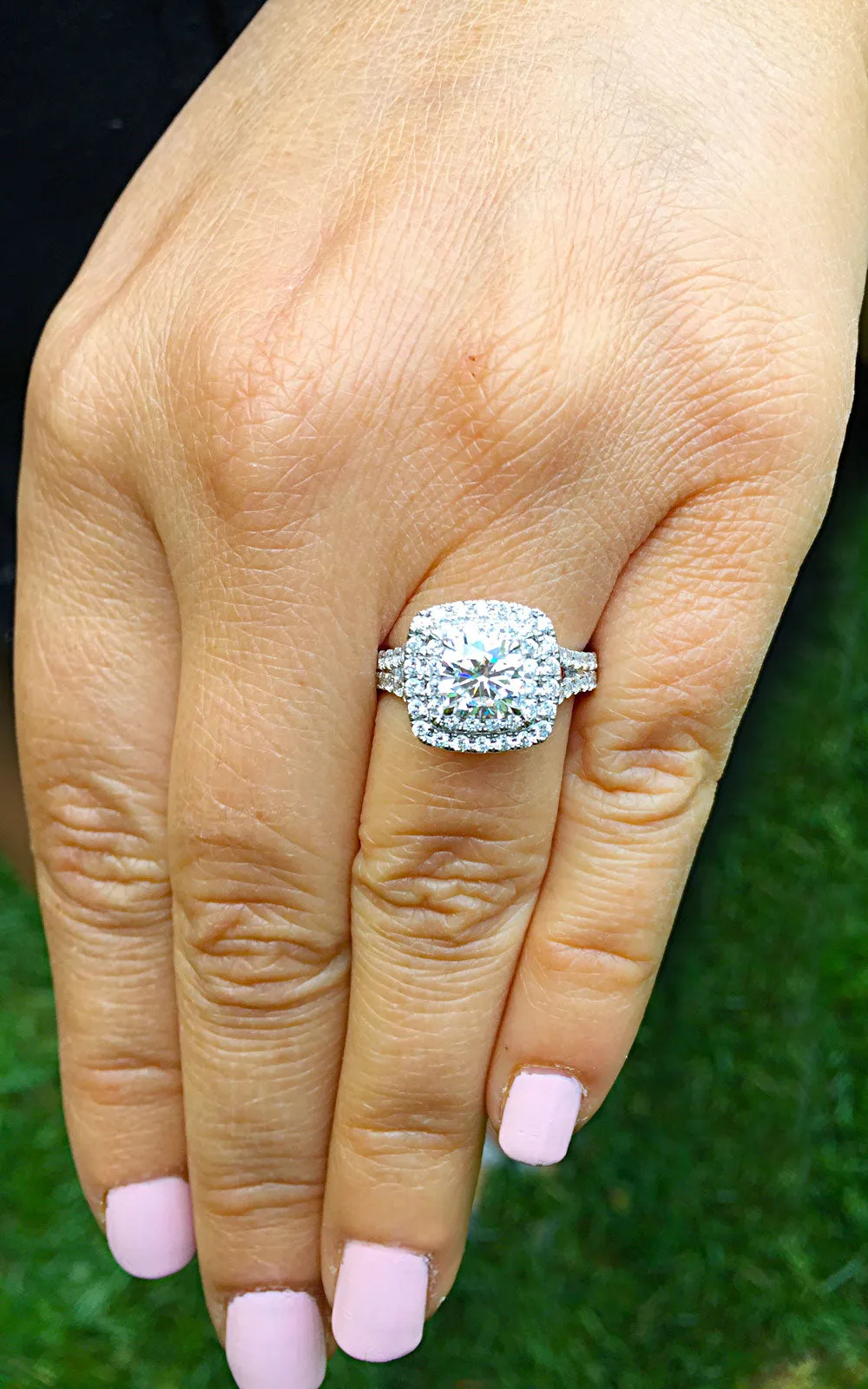 Large Women's 14k solid white gold cushion cut forever one moissanite and natural diamond engagement ring Bridal Wedding Halo 2.30ct