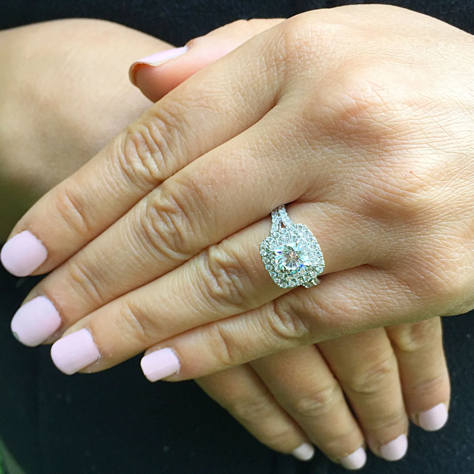Large Women's 14k solid white gold cushion cut forever one moissanite and natural diamond engagement ring Bridal Wedding Halo 2.30ct