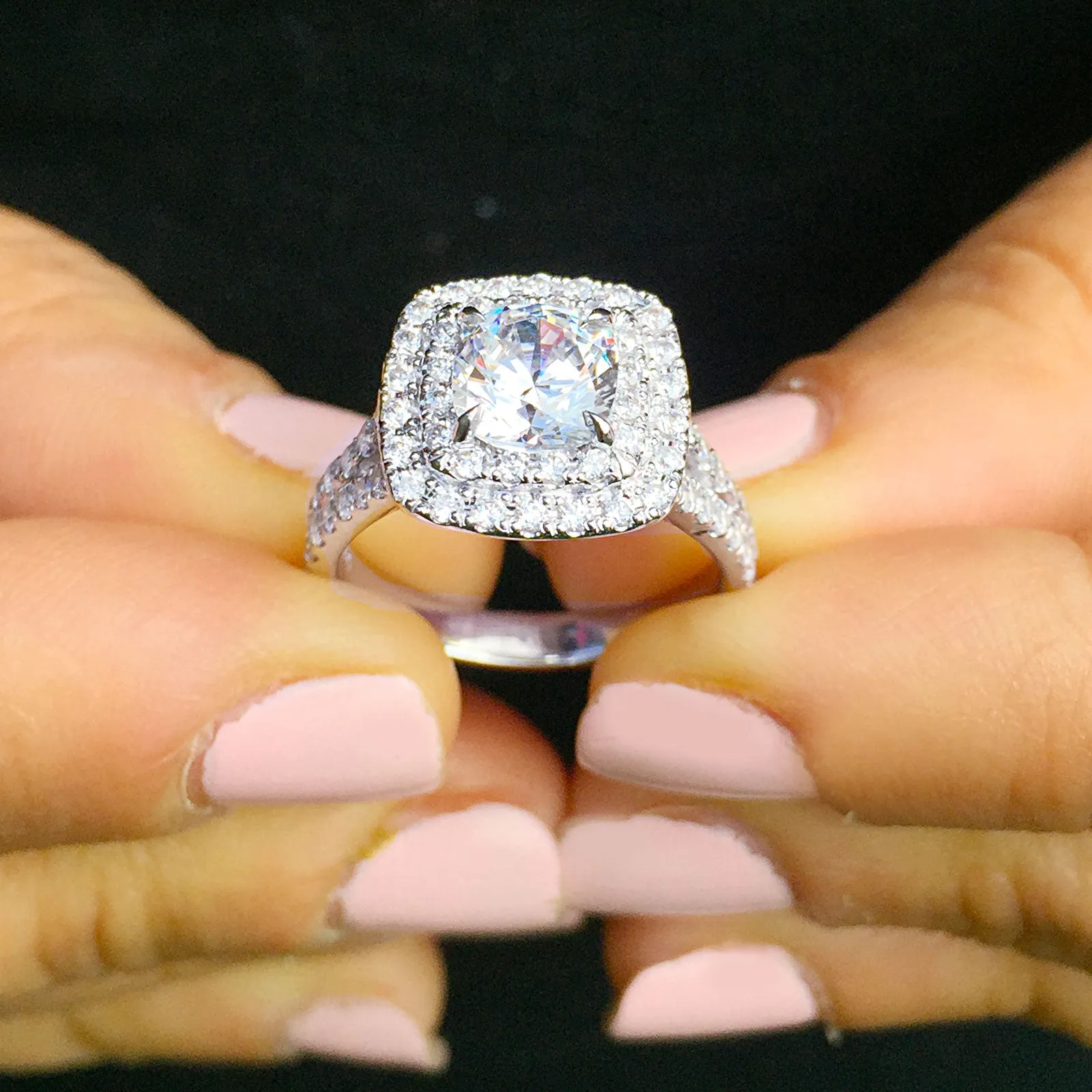 Large Women's 14k solid white gold cushion cut forever one moissanite and natural diamond engagement ring Bridal Wedding Halo 2.30ct