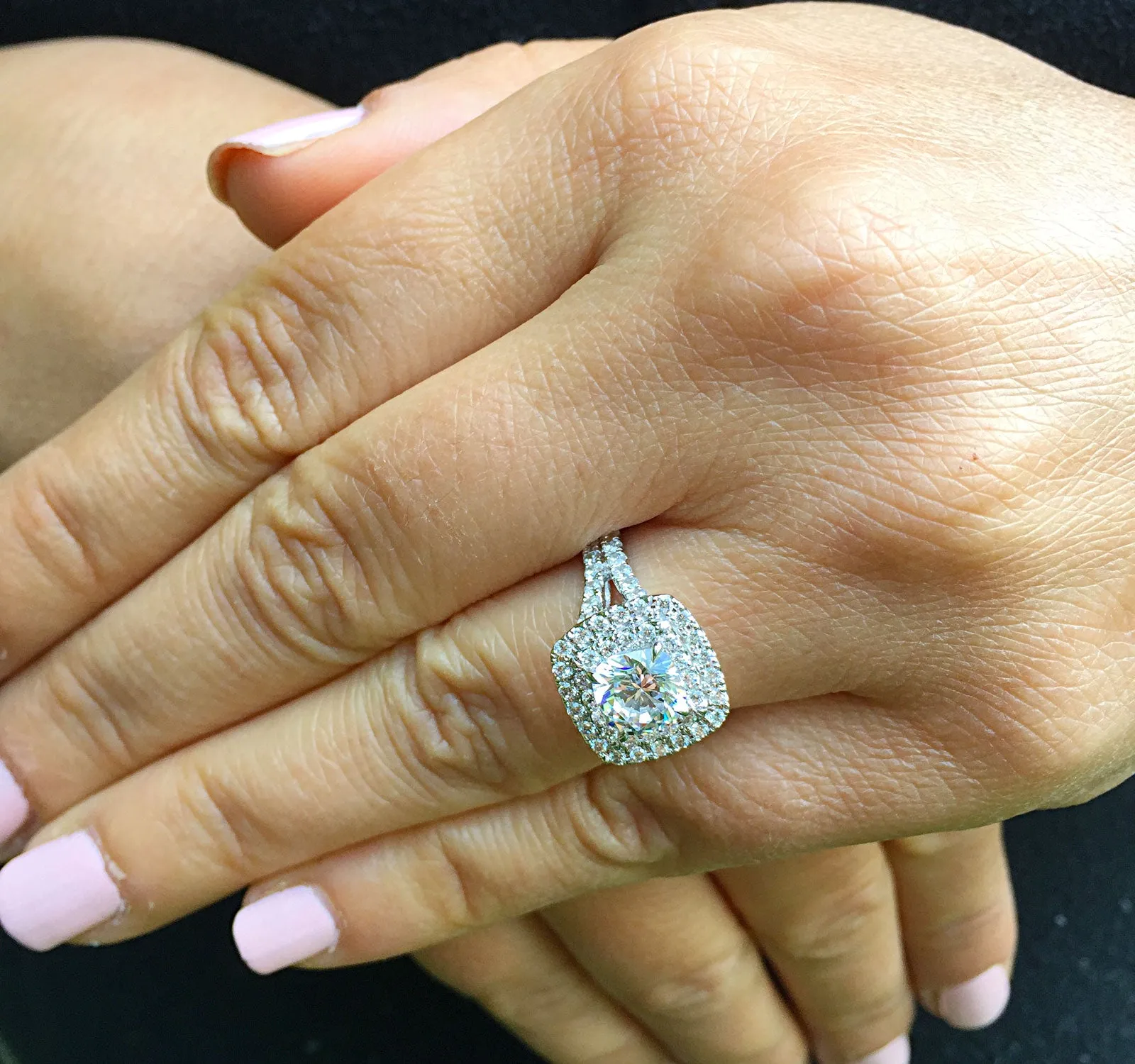 Large Women's 14k solid white gold cushion cut forever one moissanite and natural diamond engagement ring Bridal Wedding Halo 2.30ct