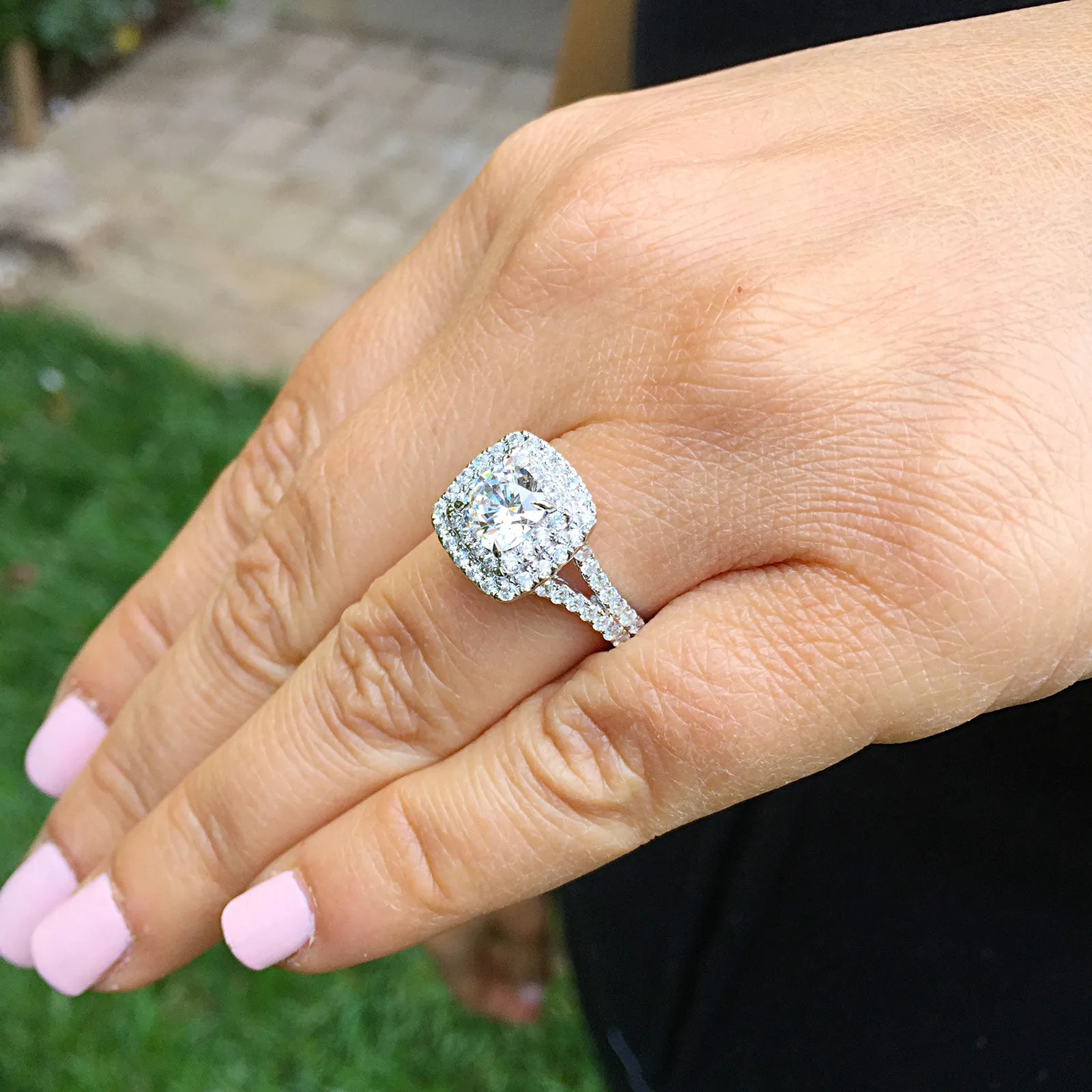Large Women's 14k solid white gold cushion cut forever one moissanite and natural diamond engagement ring Bridal Wedding Halo 2.30ct