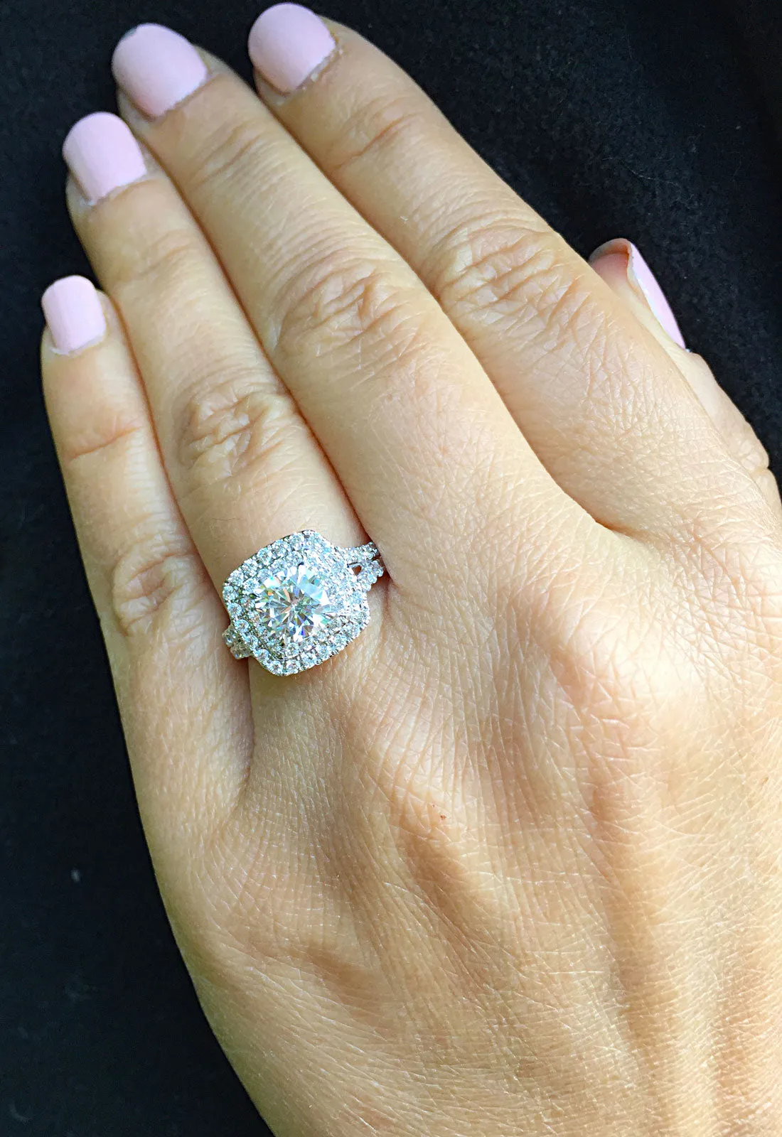 Large Women's 14k solid white gold cushion cut forever one moissanite and natural diamond engagement ring Bridal Wedding Halo 2.30ct