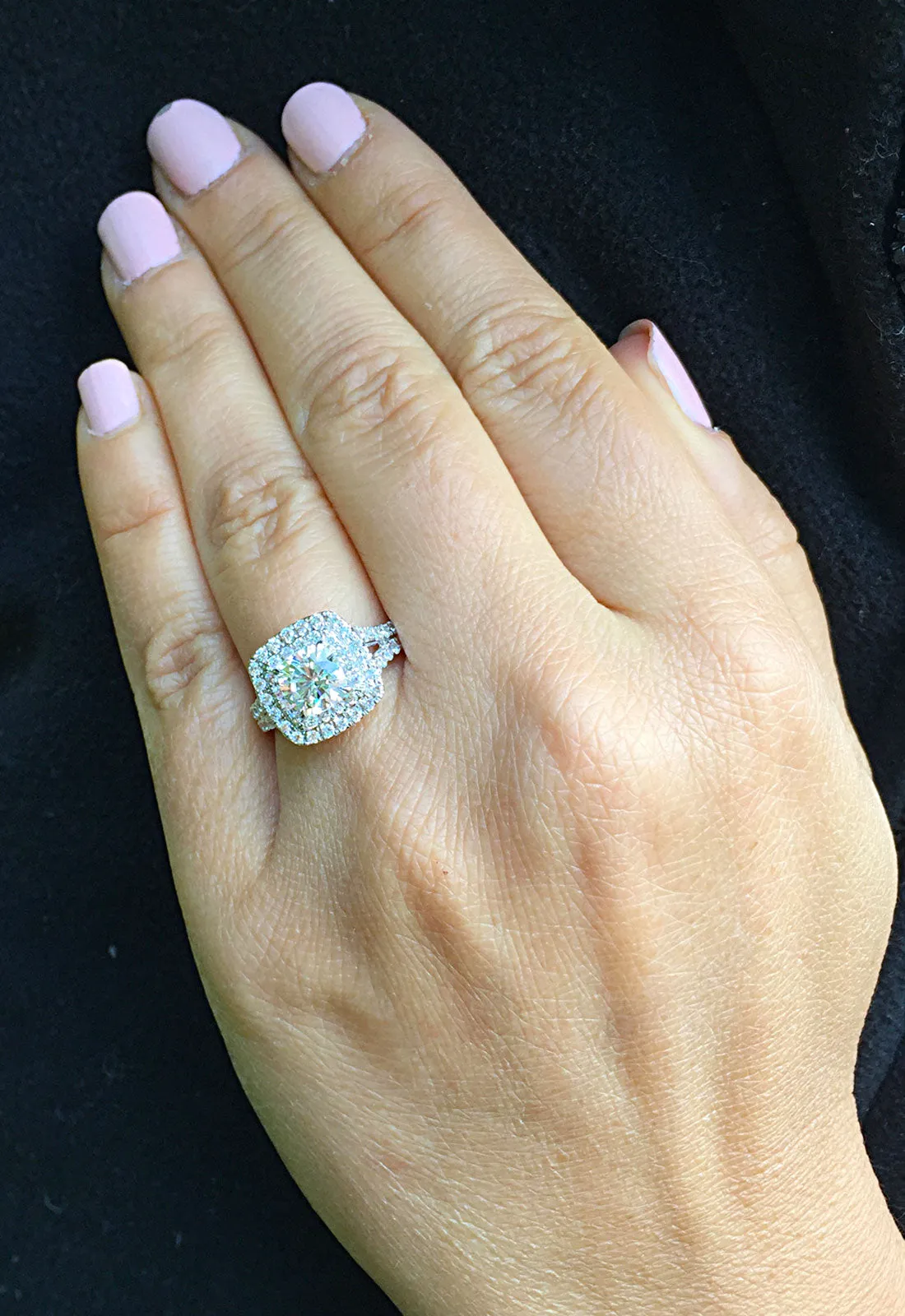 Large Women's 14k solid white gold cushion cut forever one moissanite and natural diamond engagement ring Bridal Wedding Halo 2.30ct