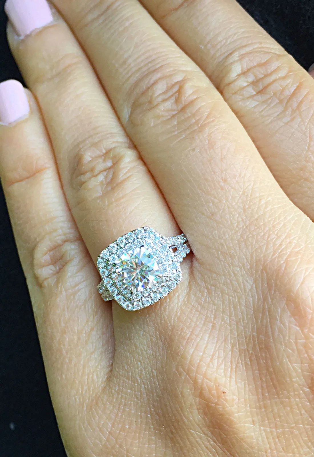 Large Women's 14k solid white gold cushion cut forever one moissanite and natural diamond engagement ring Bridal Wedding Halo 2.30ct