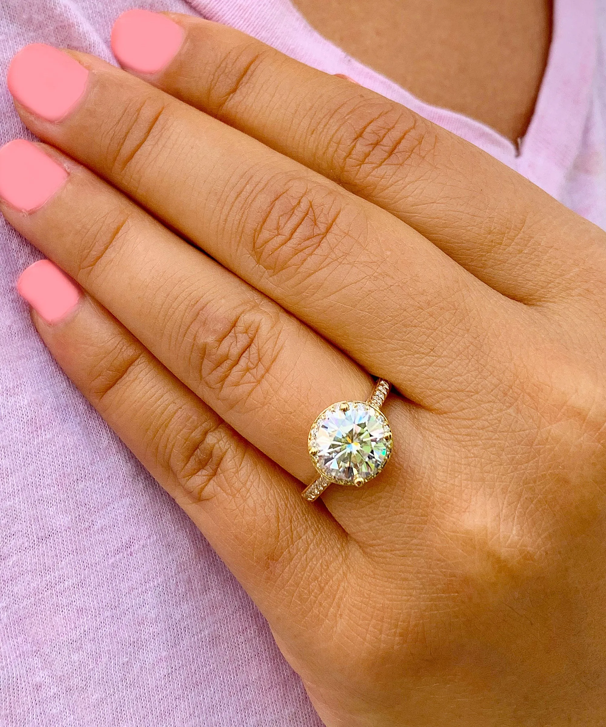 Large Women's 14K White Gold Round Cut Moissanite Diamond Engagement Ring Halo Prong Bridal Wedding Halo Natural Diamonds 3.30ctw