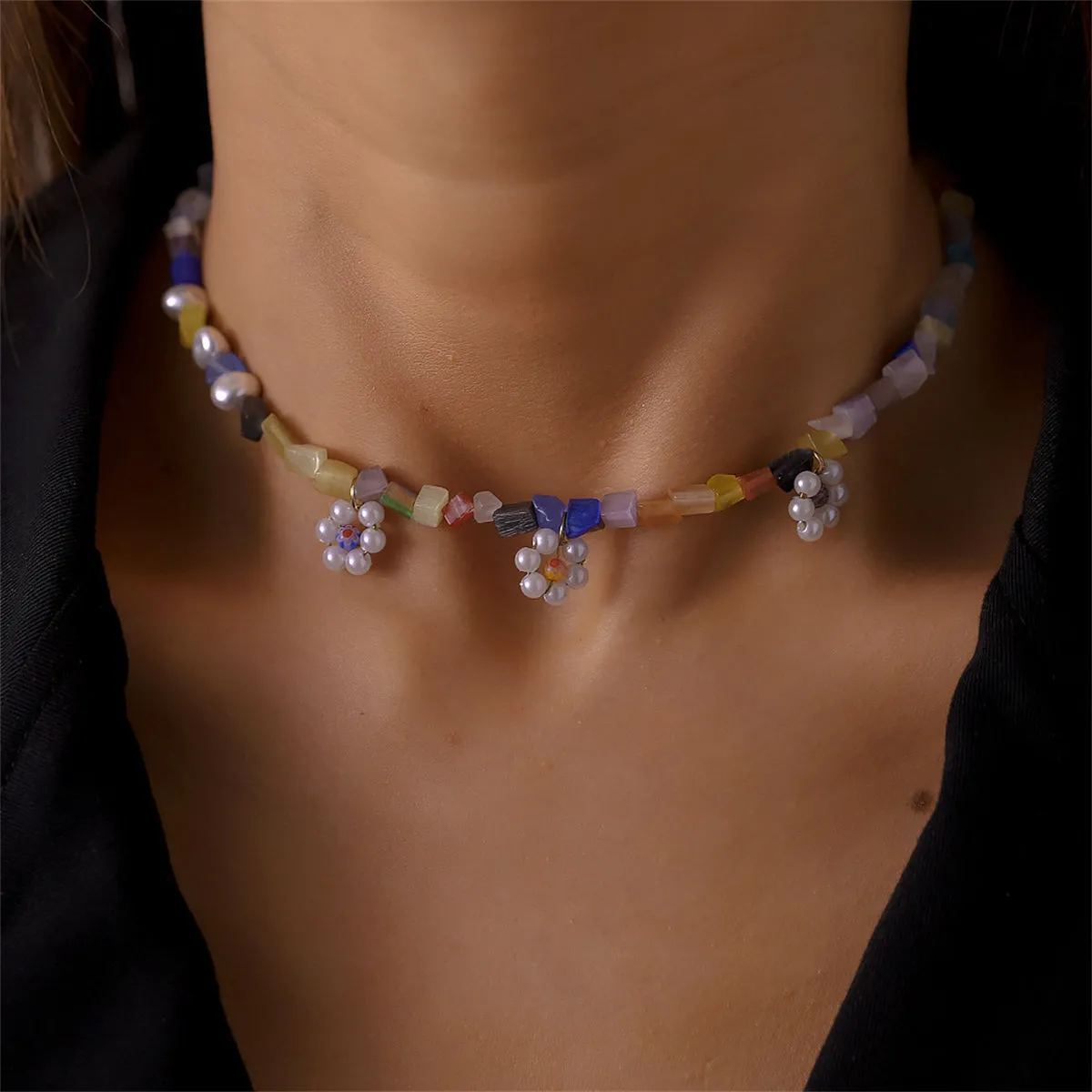 Lavender Resin & Pearl Multicolor Floral Beaded Necklace