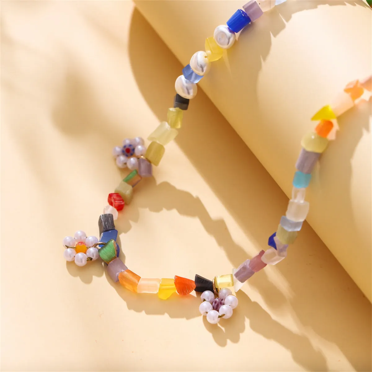 Lavender Resin & Pearl Multicolor Floral Beaded Necklace
