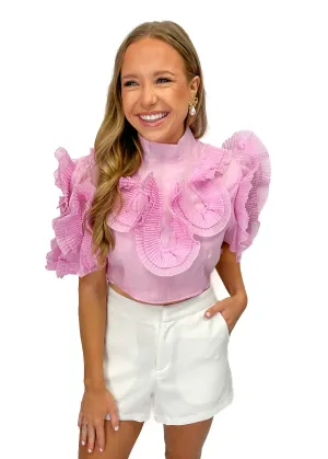 LBLOX Pleated Design Cropped Blouse - Pink