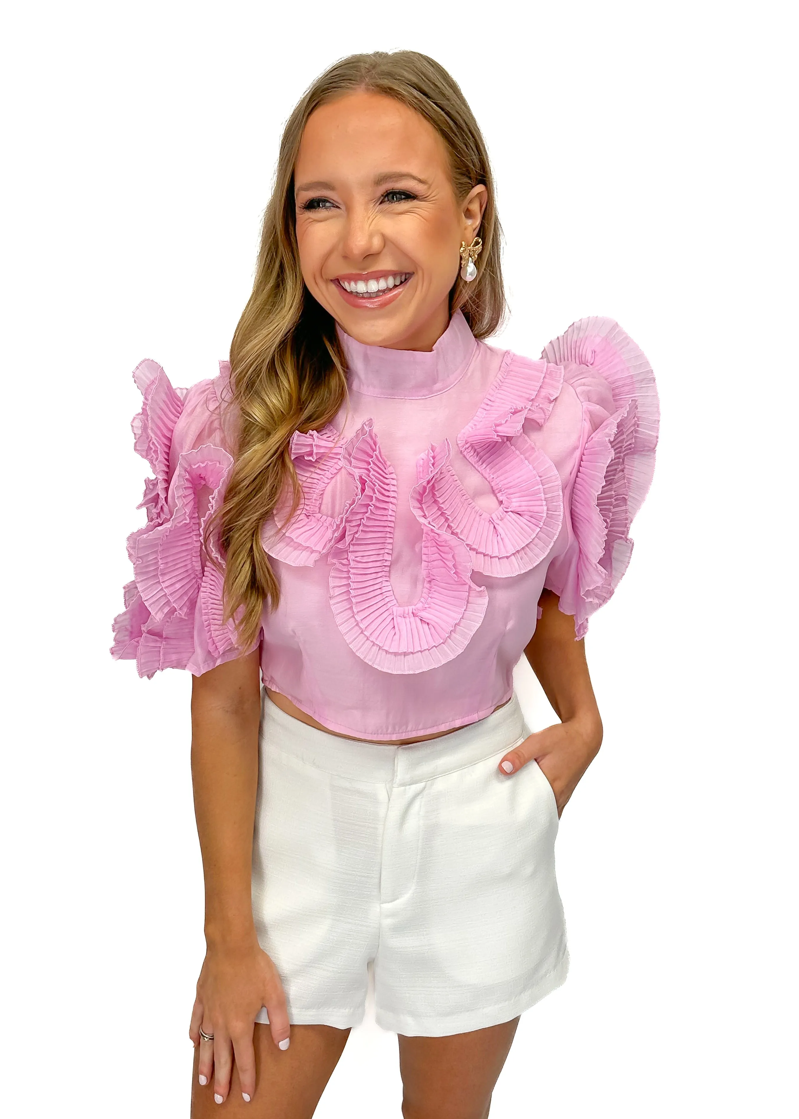 LBLOX Pleated Design Cropped Blouse - Pink