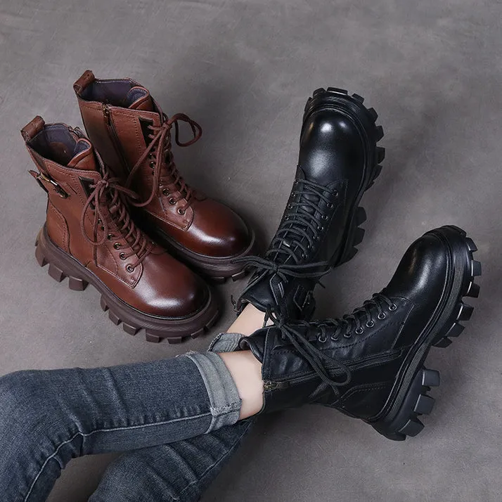 Leather Retro Martin Boots High Side Zip Women's Shoes