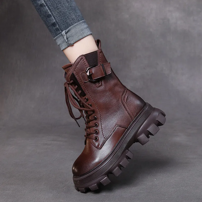 Leather Retro Martin Boots High Side Zip Women's Shoes