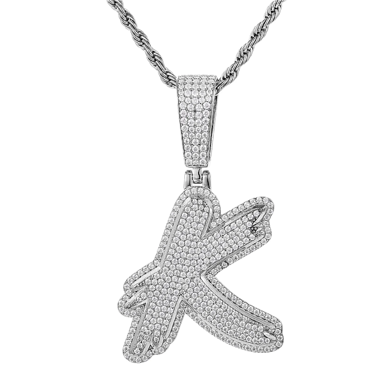 Luxury Fully Iced Out Hip Hop Rapper Bling Stylish Cursive Alphabet Letter Initial with Brilliant Round Lab-Created Moissanite 925 Sterling Silver Pendant Charm - M400009