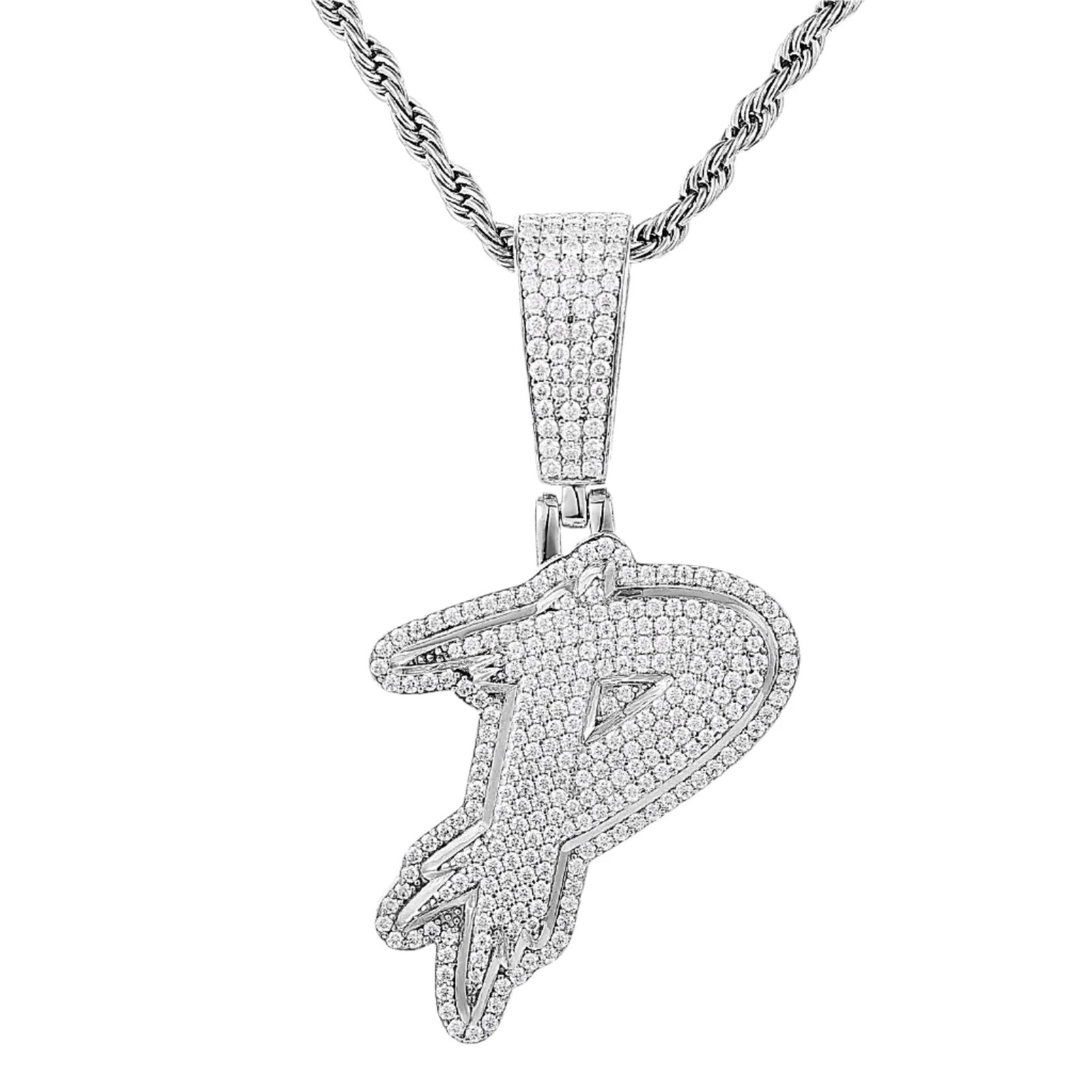 Luxury Fully Iced Out Hip Hop Rapper Bling Stylish Cursive Alphabet Letter Initial with Brilliant Round Lab-Created Moissanite 925 Sterling Silver Pendant Charm - M400009