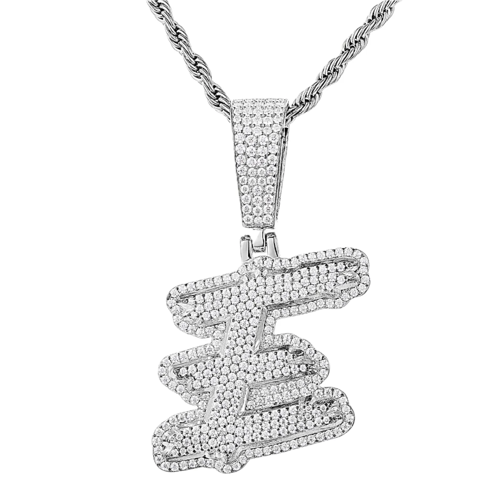 Luxury Fully Iced Out Hip Hop Rapper Bling Stylish Cursive Alphabet Letter Initial with Brilliant Round Lab-Created Moissanite 925 Sterling Silver Pendant Charm - M400009