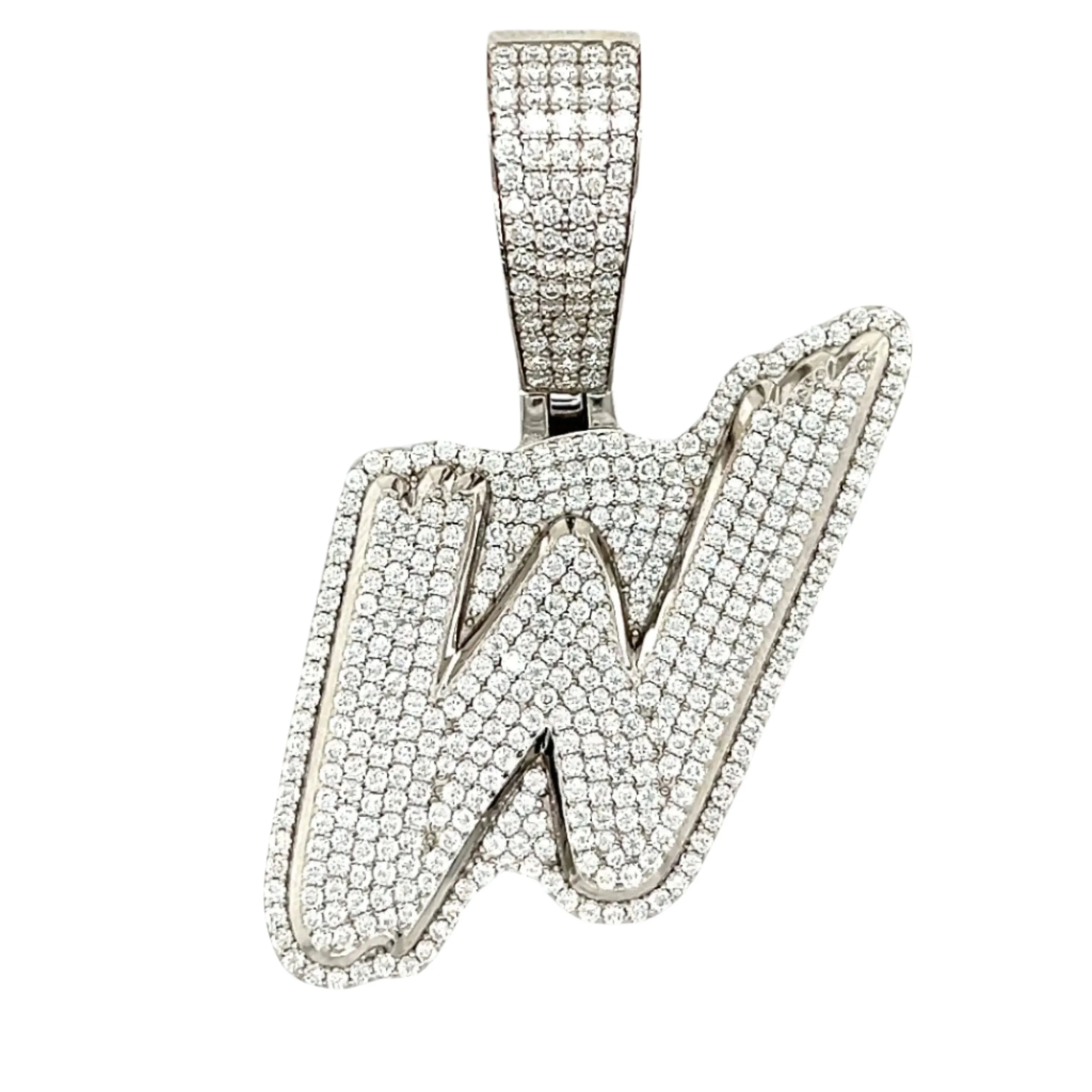 Luxury Fully Iced Out Hip Hop Rapper Bling Stylish Cursive Alphabet Letter Initial with Brilliant Round Lab-Created Moissanite 925 Sterling Silver Pendant Charm - M400009