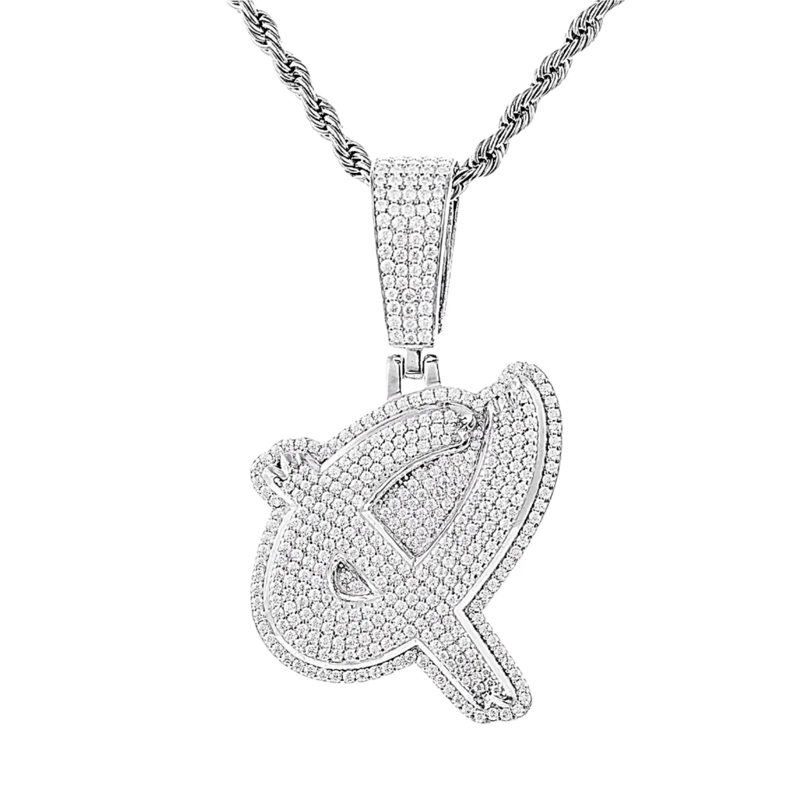 Luxury Fully Iced Out Hip Hop Rapper Bling Stylish Cursive Alphabet Letter Initial with Brilliant Round Lab-Created Moissanite 925 Sterling Silver Pendant Charm - M400009