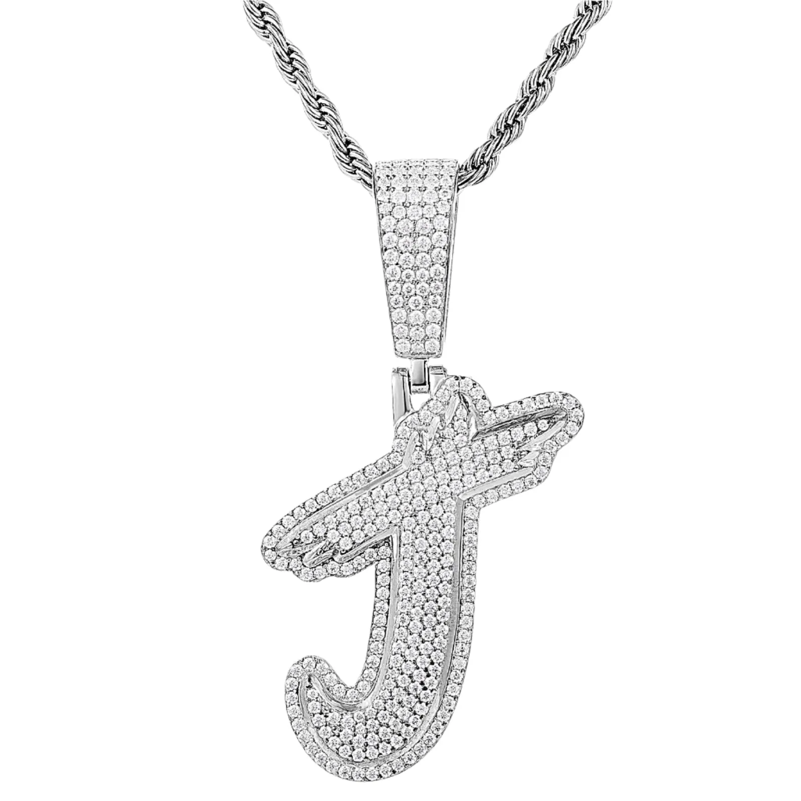 Luxury Fully Iced Out Hip Hop Rapper Bling Stylish Cursive Alphabet Letter Initial with Brilliant Round Lab-Created Moissanite 925 Sterling Silver Pendant Charm - M400009