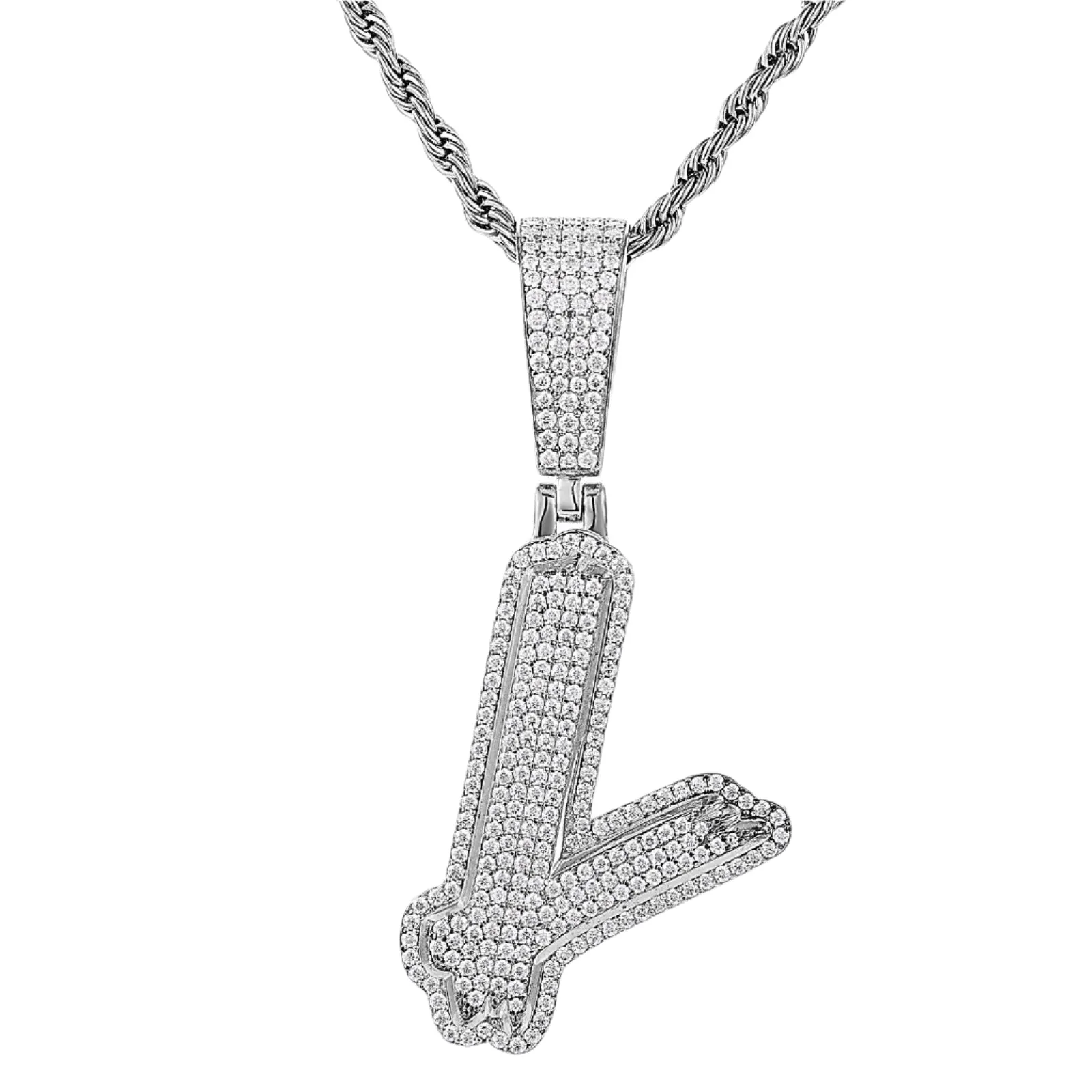 Luxury Fully Iced Out Hip Hop Rapper Bling Stylish Cursive Alphabet Letter Initial with Brilliant Round Lab-Created Moissanite 925 Sterling Silver Pendant Charm - M400009