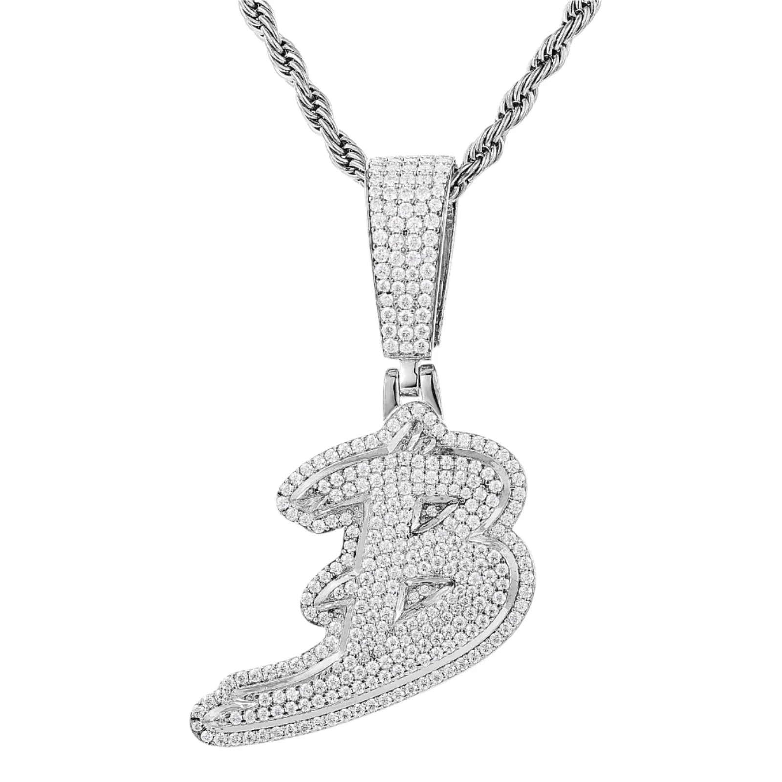 Luxury Fully Iced Out Hip Hop Rapper Bling Stylish Cursive Alphabet Letter Initial with Brilliant Round Lab-Created Moissanite 925 Sterling Silver Pendant Charm - M400009