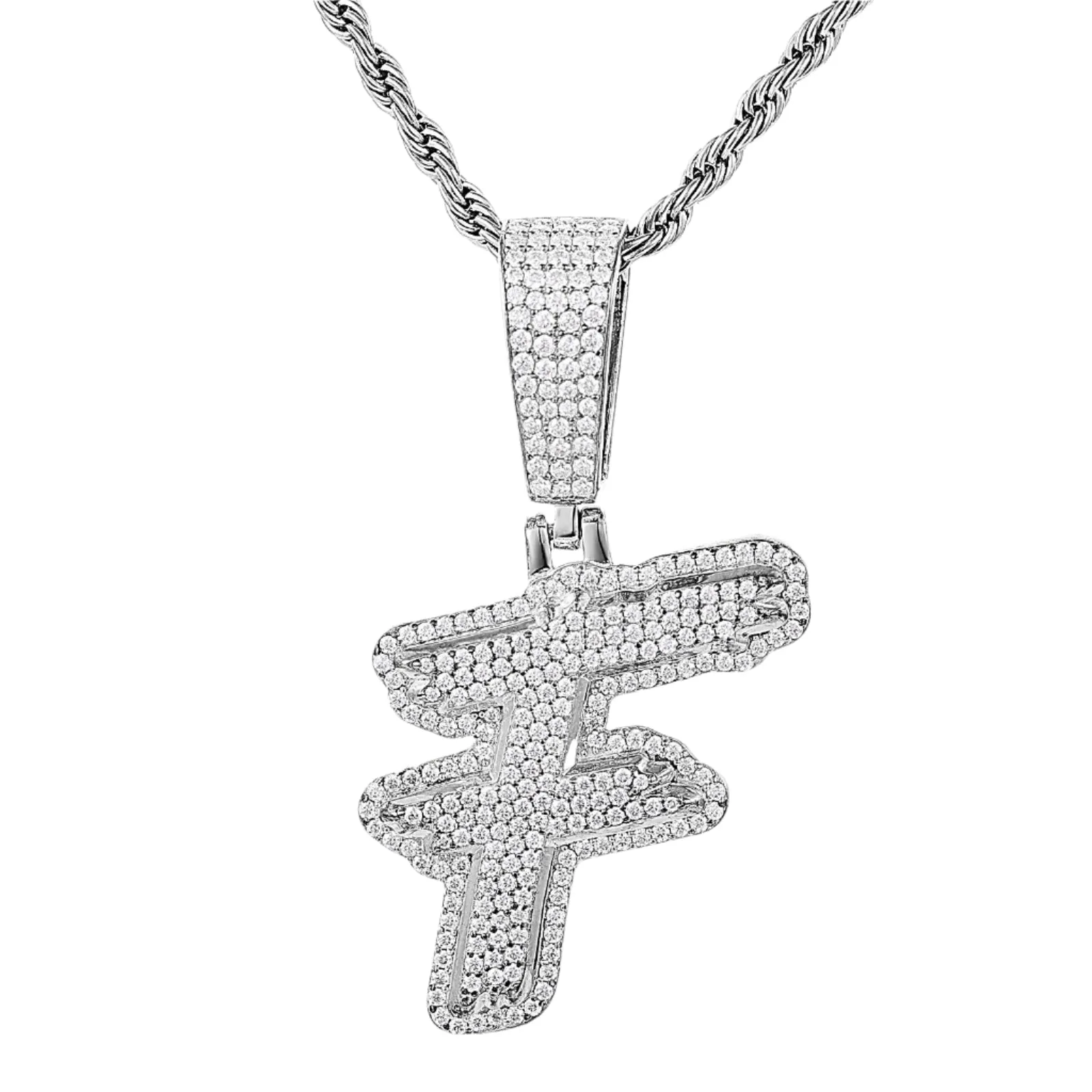 Luxury Fully Iced Out Hip Hop Rapper Bling Stylish Cursive Alphabet Letter Initial with Brilliant Round Lab-Created Moissanite 925 Sterling Silver Pendant Charm - M400009