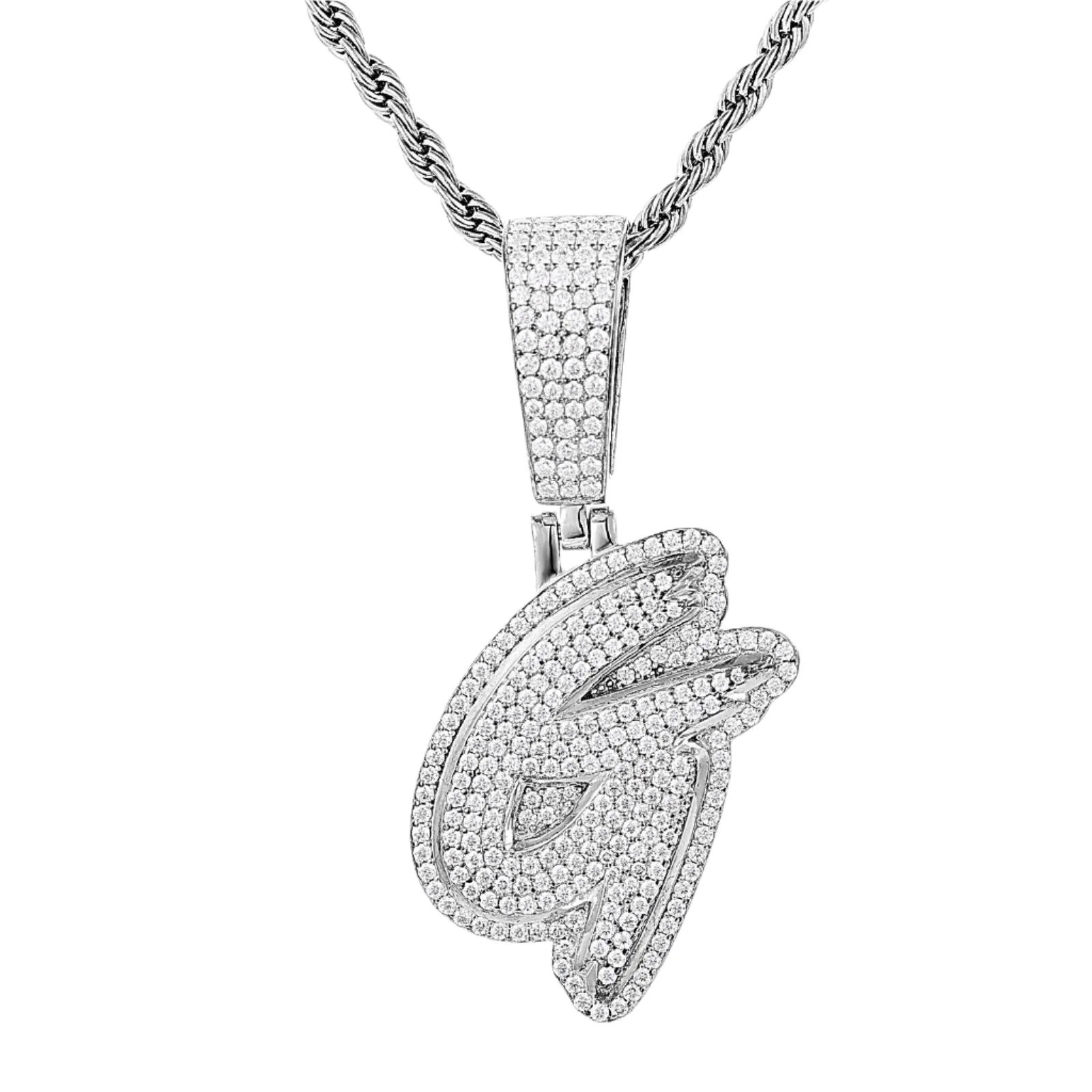 Luxury Fully Iced Out Hip Hop Rapper Bling Stylish Cursive Alphabet Letter Initial with Brilliant Round Lab-Created Moissanite 925 Sterling Silver Pendant Charm - M400009