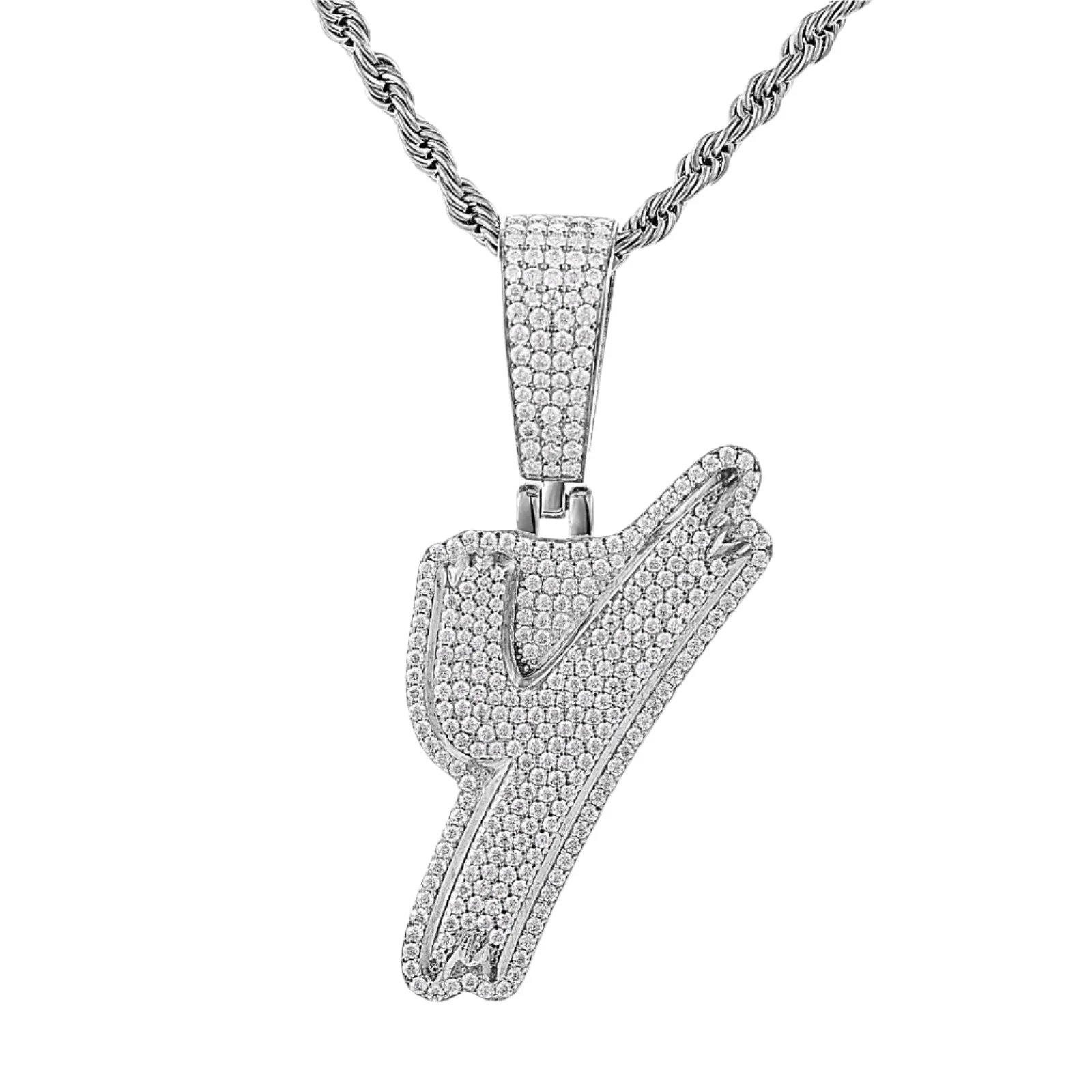 Luxury Fully Iced Out Hip Hop Rapper Bling Stylish Cursive Alphabet Letter Initial with Brilliant Round Lab-Created Moissanite 925 Sterling Silver Pendant Charm - M400009